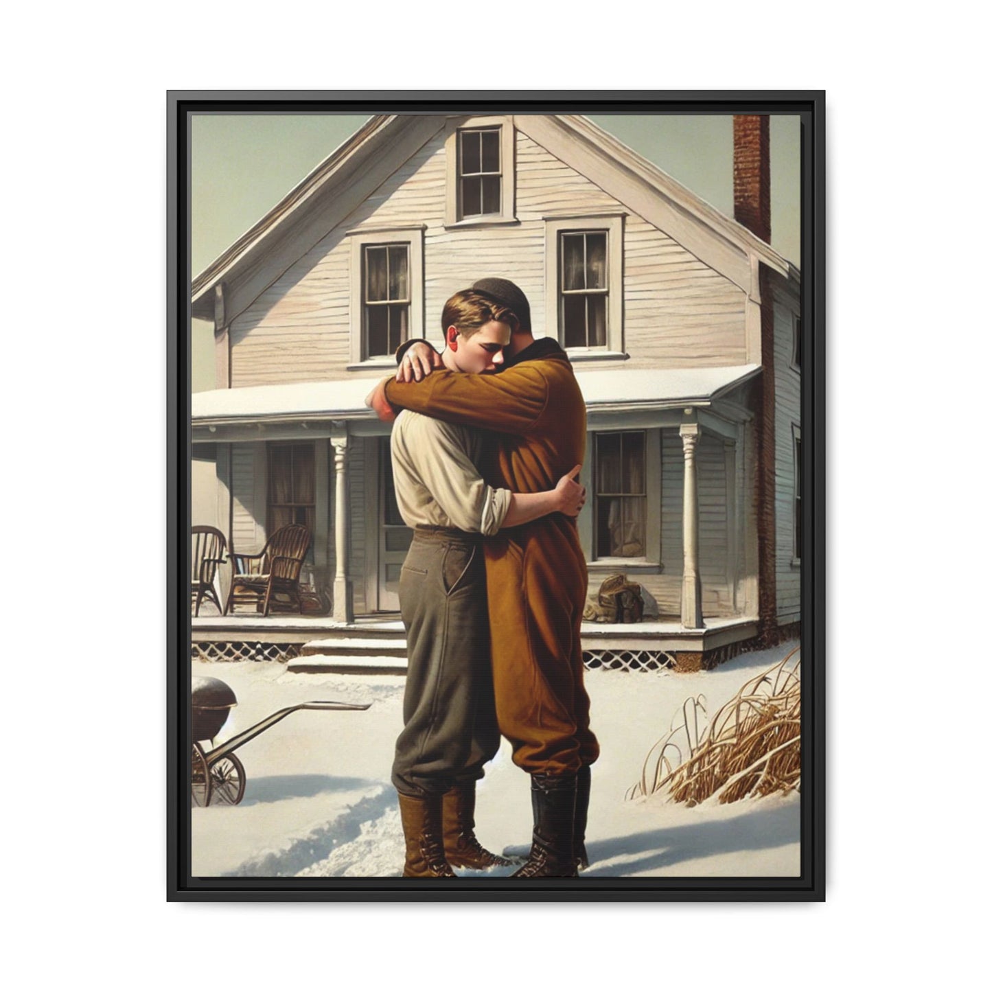 Artwork of a tender moment between a gay couple embracing outside a farmhouse in a snowy, rural landscape. Dressed in vintage attire, the two men find warmth and comfort in each other’s arms, capturing love and connection in a serene, Americana winter setting