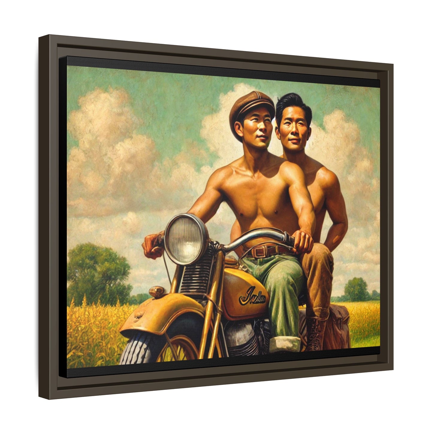 Framed artwork of an Asian-American gay couple riding a vintage yellow motorcycle through Iowa's serene countryside, celebrating love and unity.
