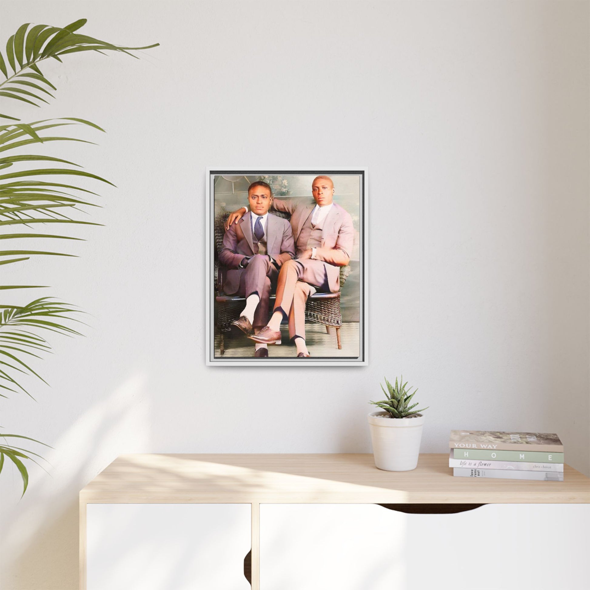 Restored vintage portrait of Walter & George, an African American gay couple seated in Birmingham AL, framed canvas art. Gay Juneteenth Black Love History Month
