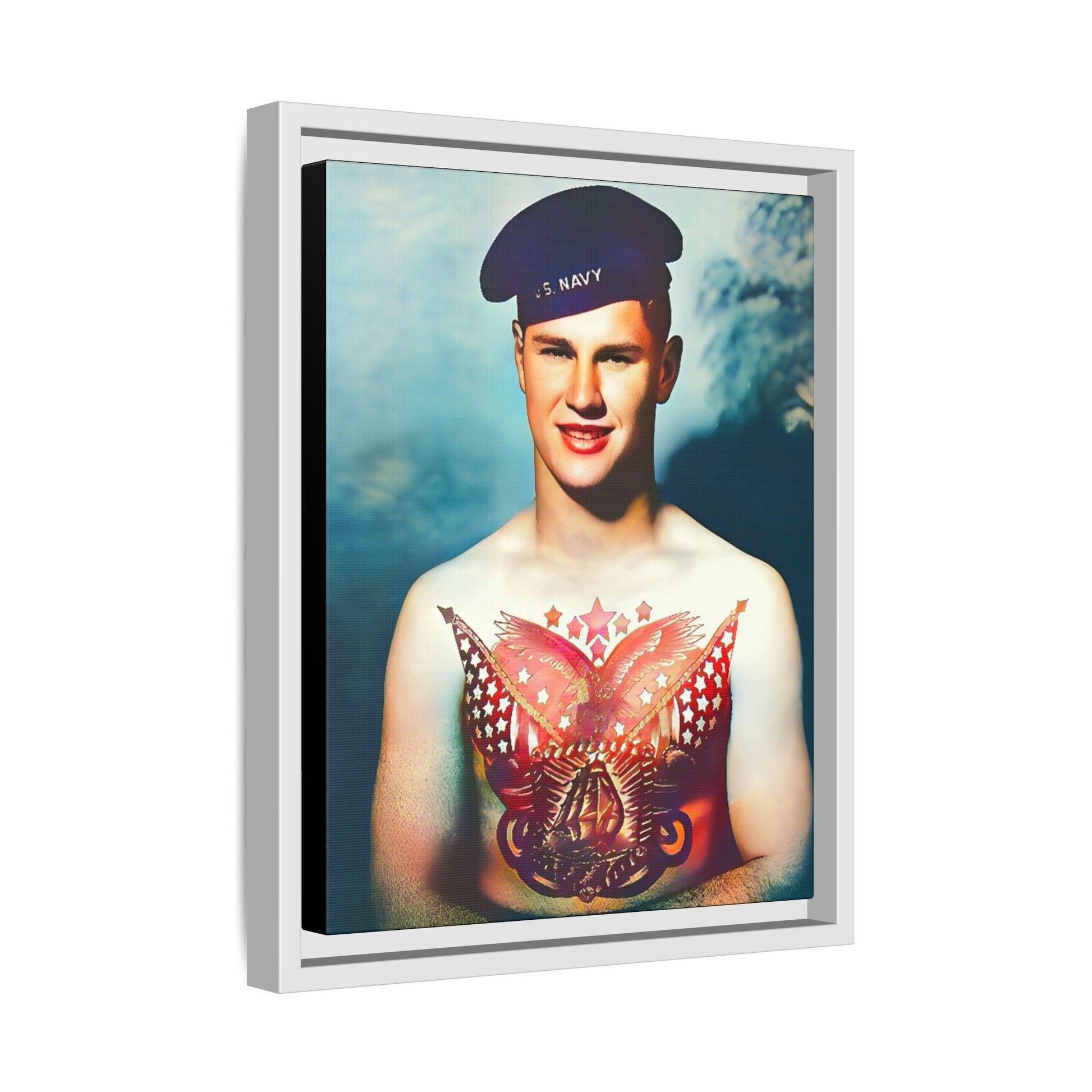 A striking vintage portrait of Charlie, a proud U.S. Navy sailor at Norfolk Navy Yard, showcasing a patriotic tattoo. This framed matte canvas print celebrates military history, individuality, and LGBTQ+ representation—perfect for collectors and history enthusiasts.