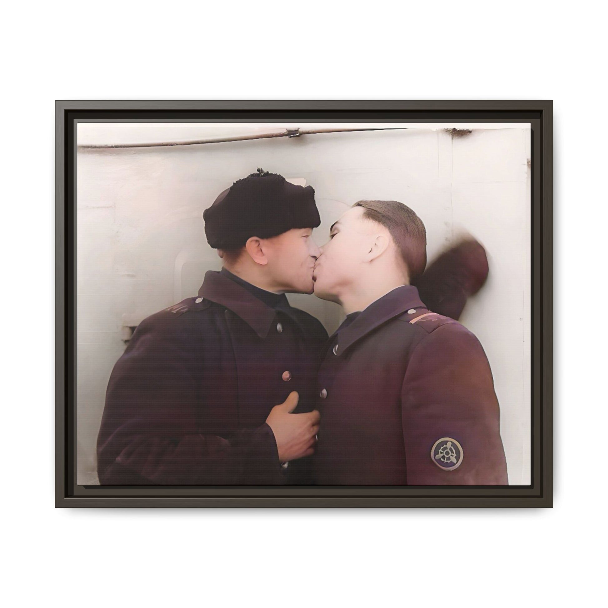 A restored vintage photograph of two Russian soldiers in uniform sharing an intimate moment at a military outpost in Surgut, Russia. Their embrace reflects resilience, love, and defiance against societal norms, making this a powerful tribute to LGBTQ+ history and wartime romance. Винтажное фото | гей-пара