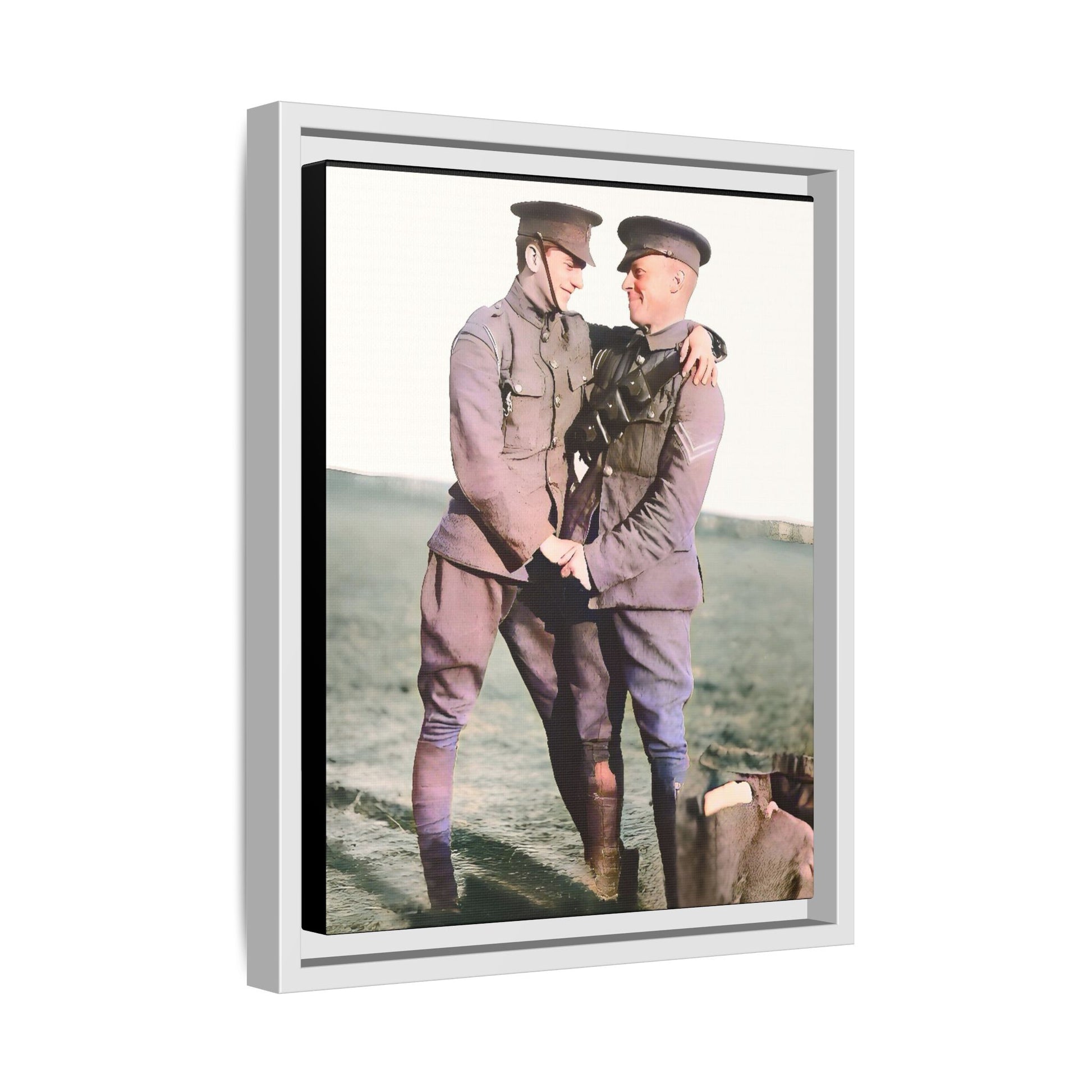 A restored vintage military portrait of Lee & Clifford, soldiers in the Battle of Amiens. This framed matte canvas honors LGBTQ+ history, resilience, and love in wartime.