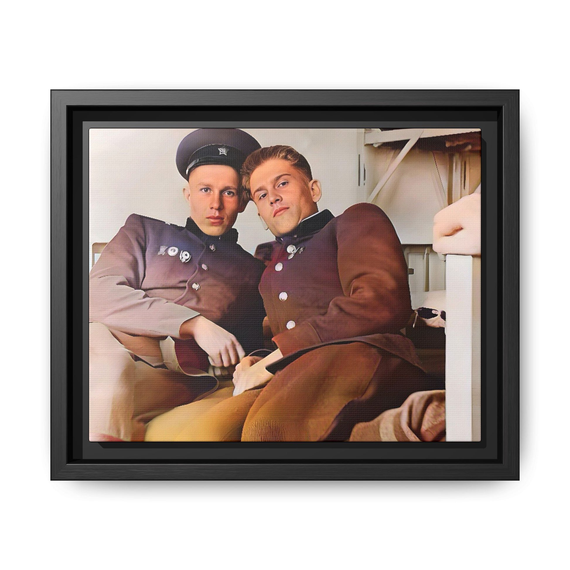 A restored vintage photograph of two Russian soldiers in uniform, seated together in their quarters in Volgograd, Russia. Their relaxed postures and warm expressions capture a moment of camaraderie, resilience, and military history. A powerful tribute to LGBTQ+ representation in the armed forces. Gay Couple Винтажное фото  гей-пара