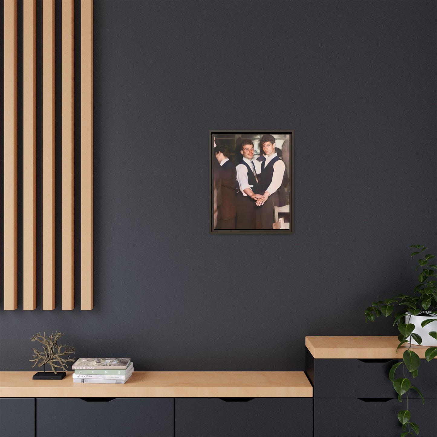 Restored and colorized mid-20th century photo of Clarence and Francis dancing, celebrating LGBTQ+ love and resilience, framed as a matte canvas wall décor piece. Gay Couple