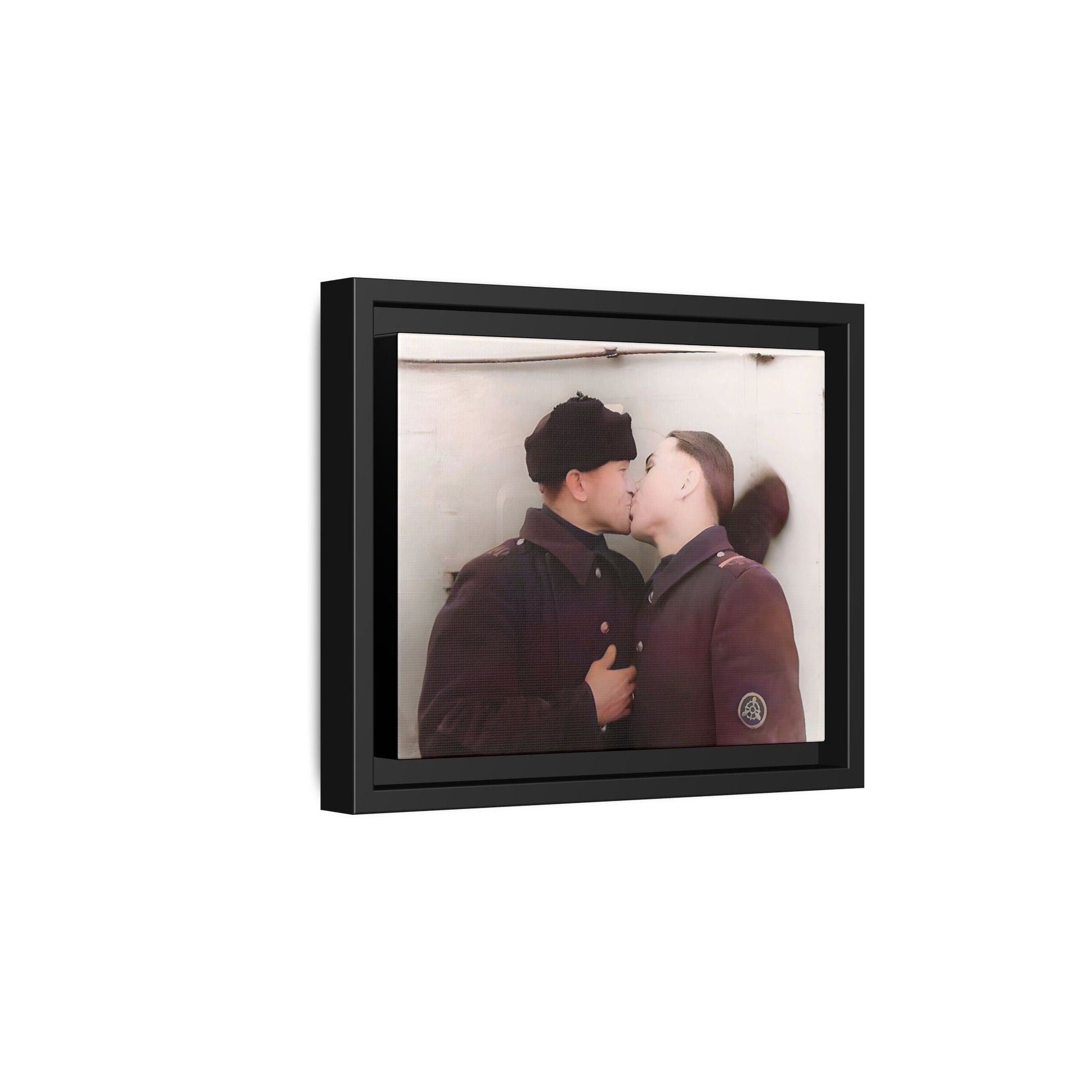 A restored vintage photograph of two Russian soldiers in uniform sharing an intimate moment at a military outpost in Surgut, Russia. Their embrace reflects resilience, love, and defiance against societal norms, making this a powerful tribute to LGBTQ+ history and wartime romance. Винтажное фото | гей-пара