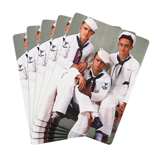 Vintage poker cards with a restored photo of three sailors in Navy uniforms, celebrating LGBTQ+ military history.