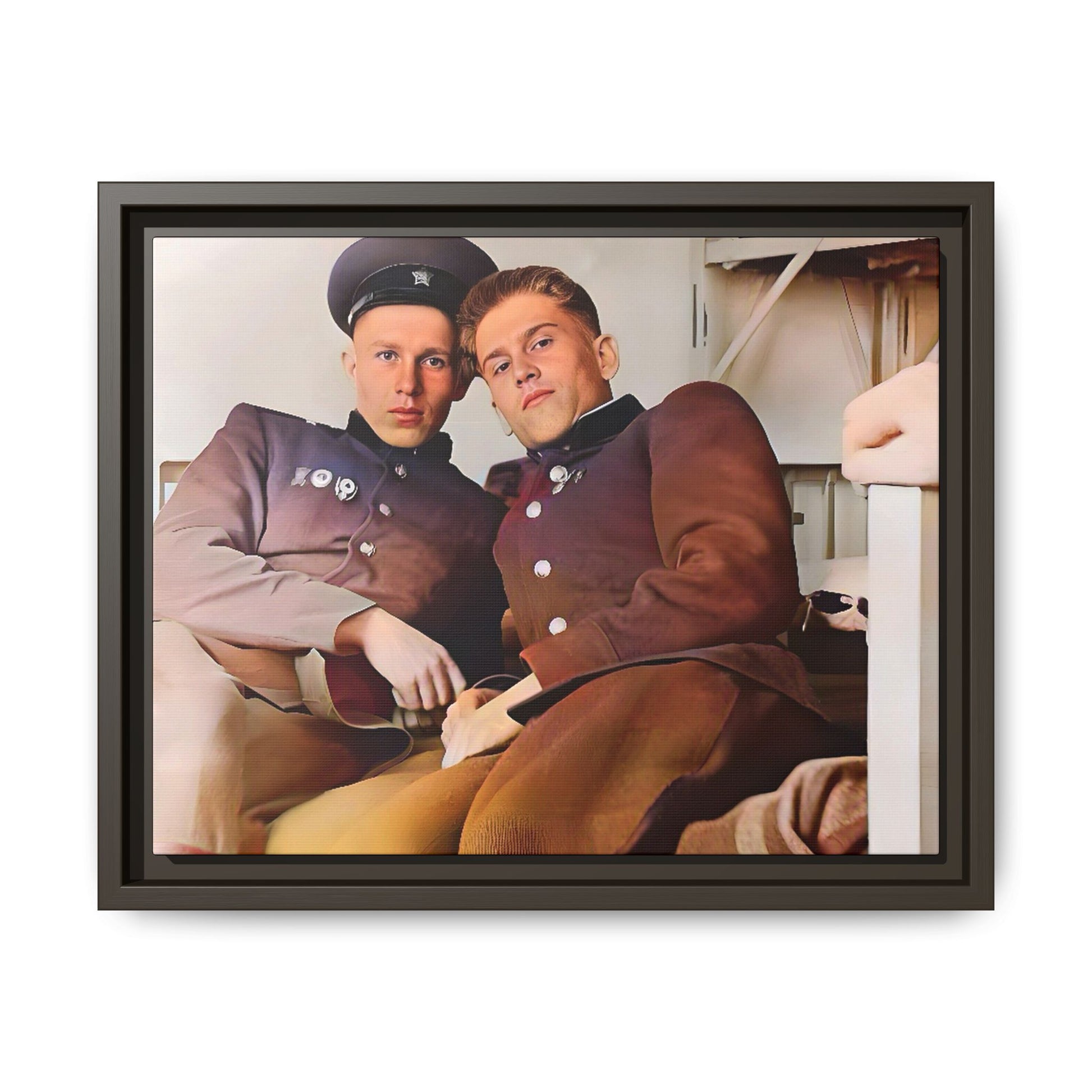 A restored vintage photograph of two Russian soldiers in uniform, seated together in their quarters in Volgograd, Russia. Their relaxed postures and warm expressions capture a moment of camaraderie, resilience, and military history. A powerful tribute to LGBTQ+ representation in the armed forces. Gay Couple Винтажное фото  гей-пара