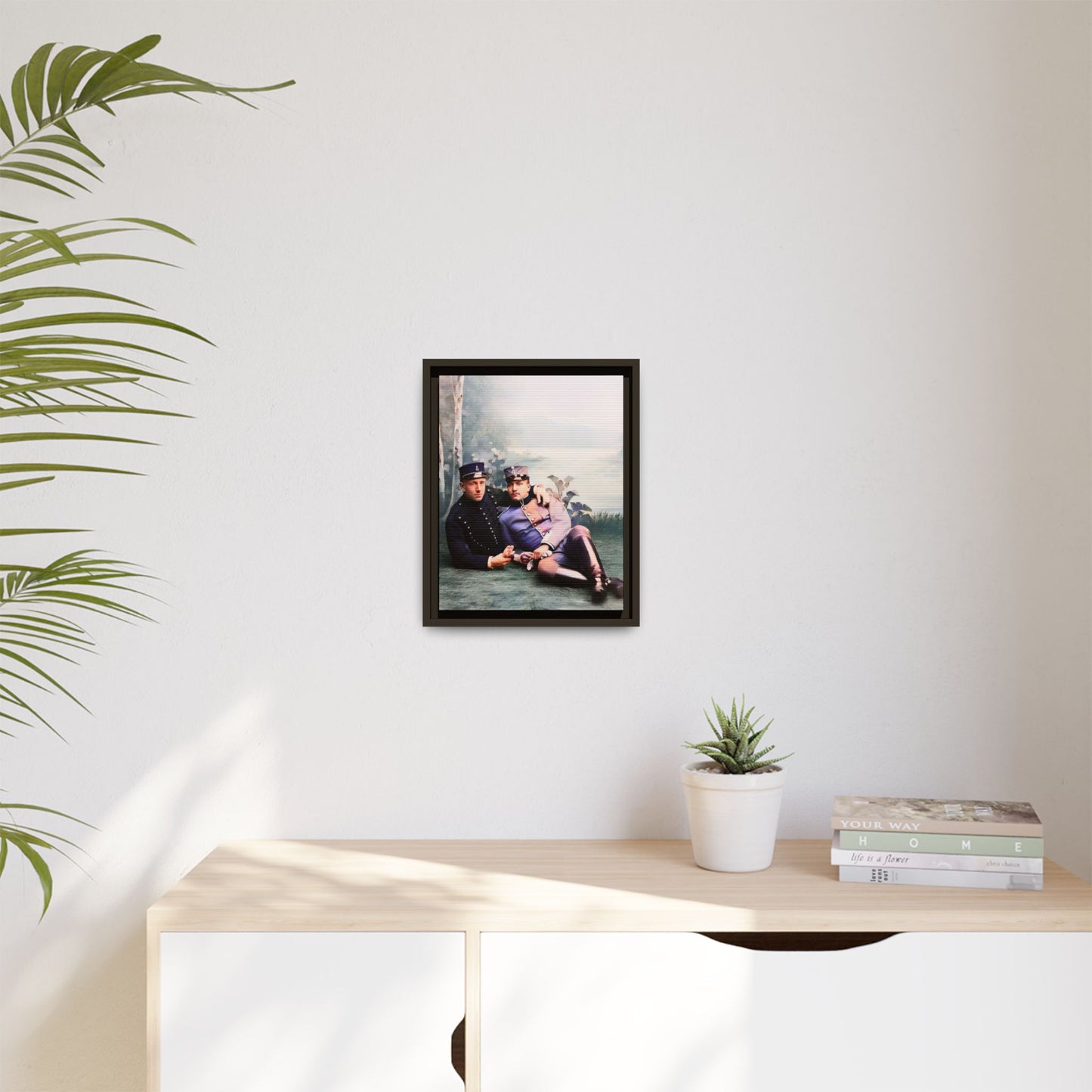 Restored early 1900s photo of Karl and Mats in Swedish military uniforms, reclining by a lakeside, celebrating LGBTQ+ love and history, framed as wall art. Gay Couple Vintage foto homosexuella par