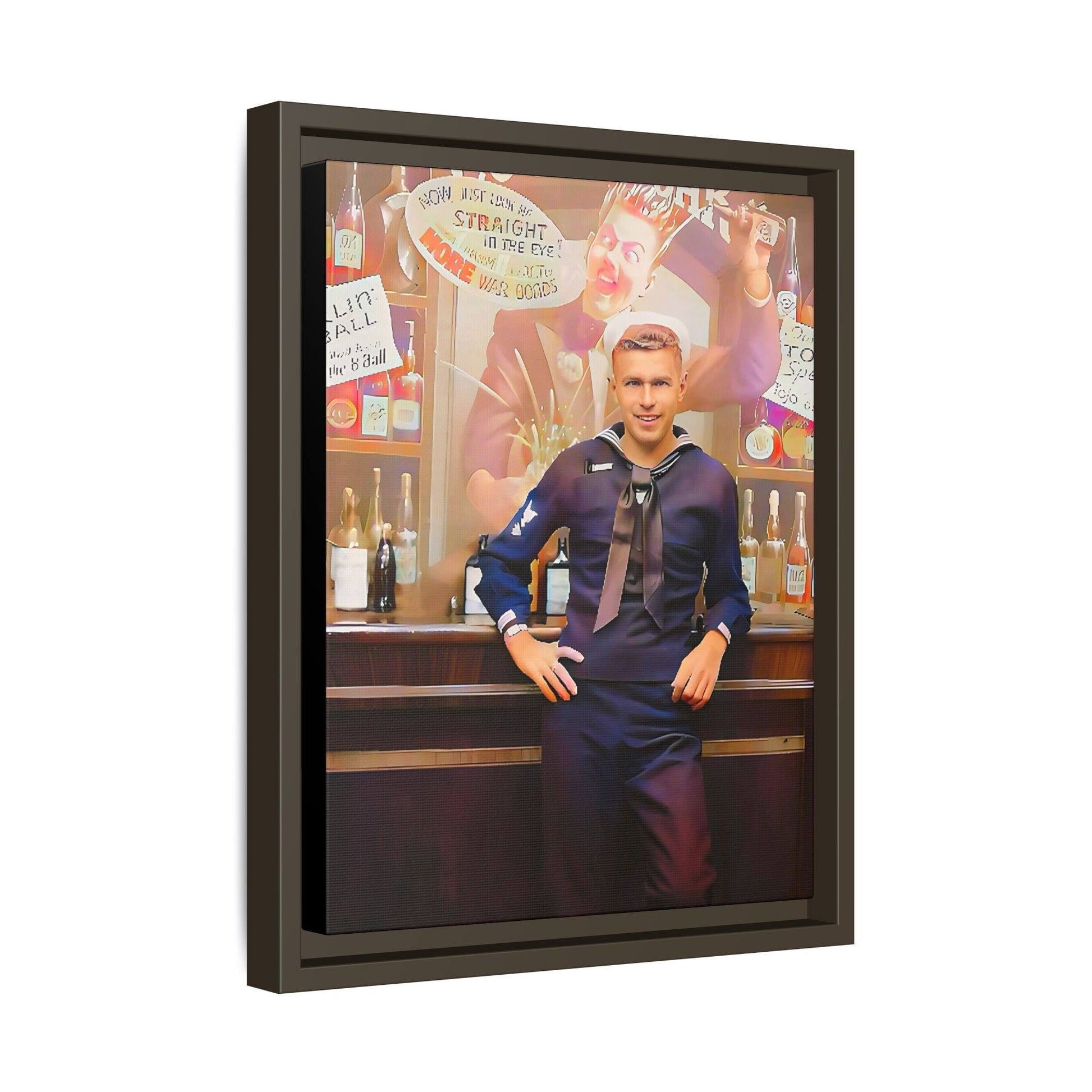 A restored WWII-era portrait of Charles at Brooklyn Navy Yard, New York. This framed matte canvas print captures the resilience and camaraderie of wartime sailors, featuring vintage war bond advertisements and classic Navy charm.