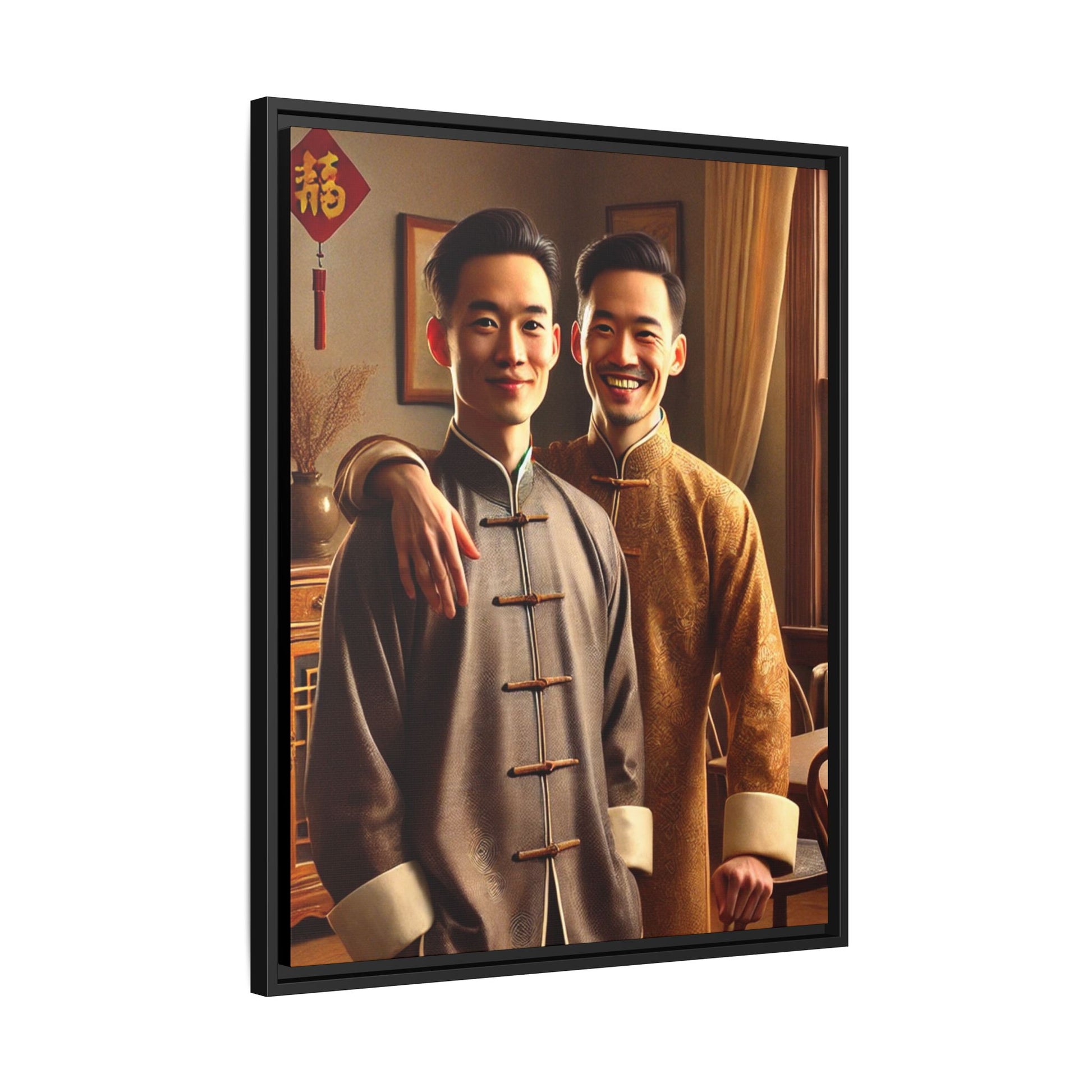Artwork featuring a joyful portrait of a Chinese queer couple celebrating Chinese New Year in traditional attire. Set in a cozy American home adorned with subtle decorations, this image captures love, cultural pride, and warmth, blending Chinese heritage with a Midwestern setting