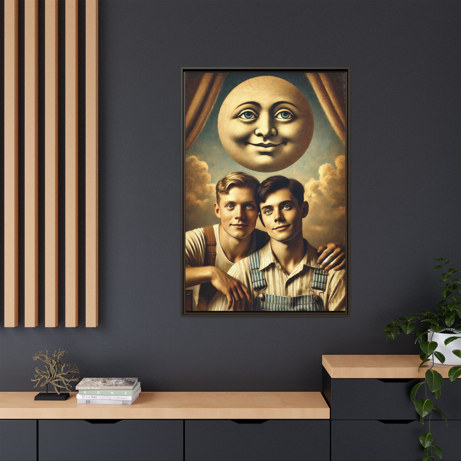 Framed matte canvas portrait featuring two young men in vintage overalls with a crescent moon prop above them. This artwork from the Missing Art Studies series reclaims LGBTQ+ imagery that may have been lost to bias, presenting warmth, intimacy, and presence.