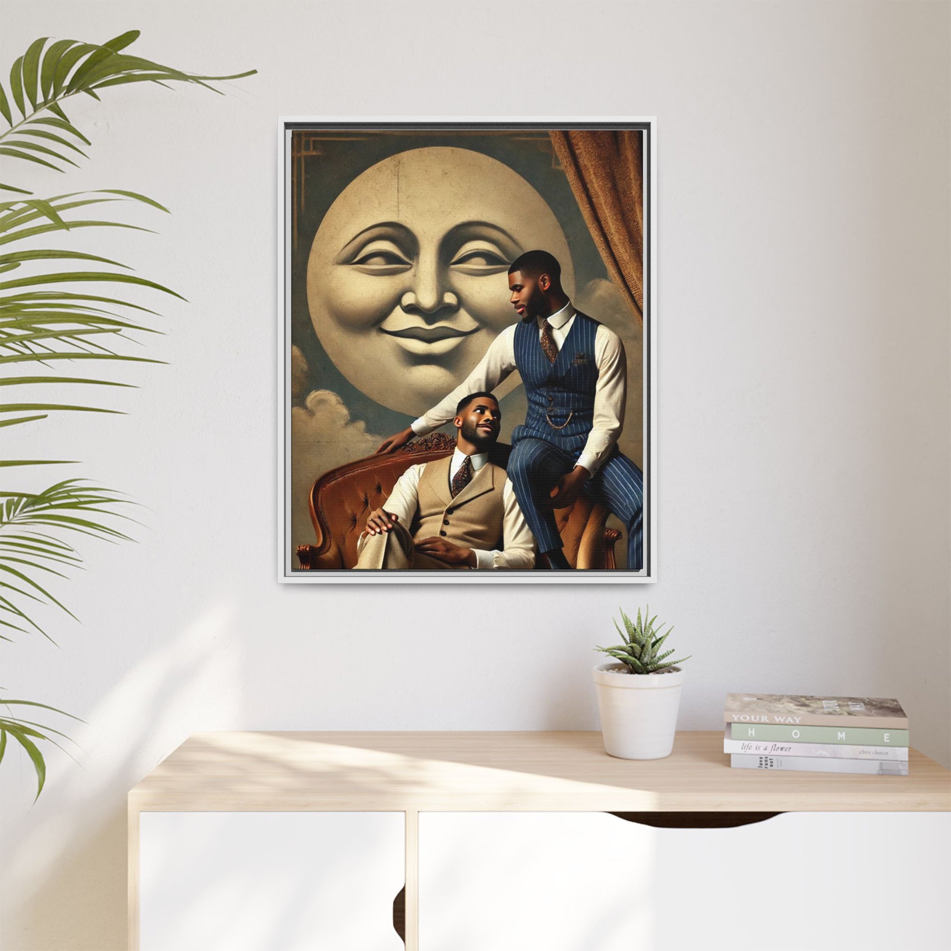 An elegant portrait of two Black men in vintage suits, seated affectionately beneath a smiling full moon. This 1920s-inspired artwork reclaims lost LGBTQ history, honoring Black queer love through style, softness, and resilience.