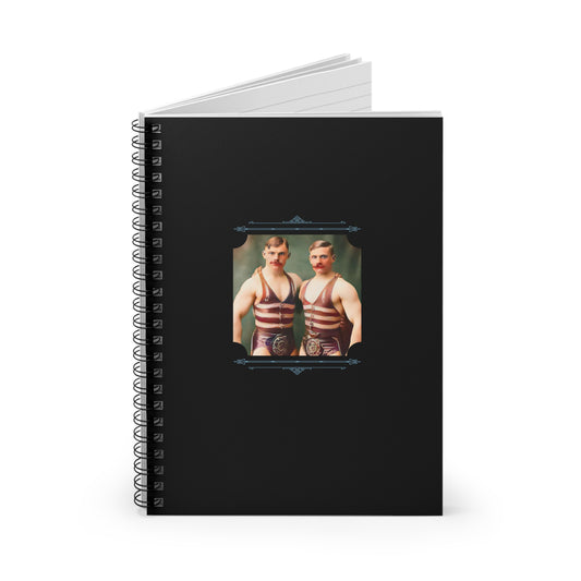 Spiral notebook featuring a restored vintage photo of two circus strongmen standing together in striped singlets