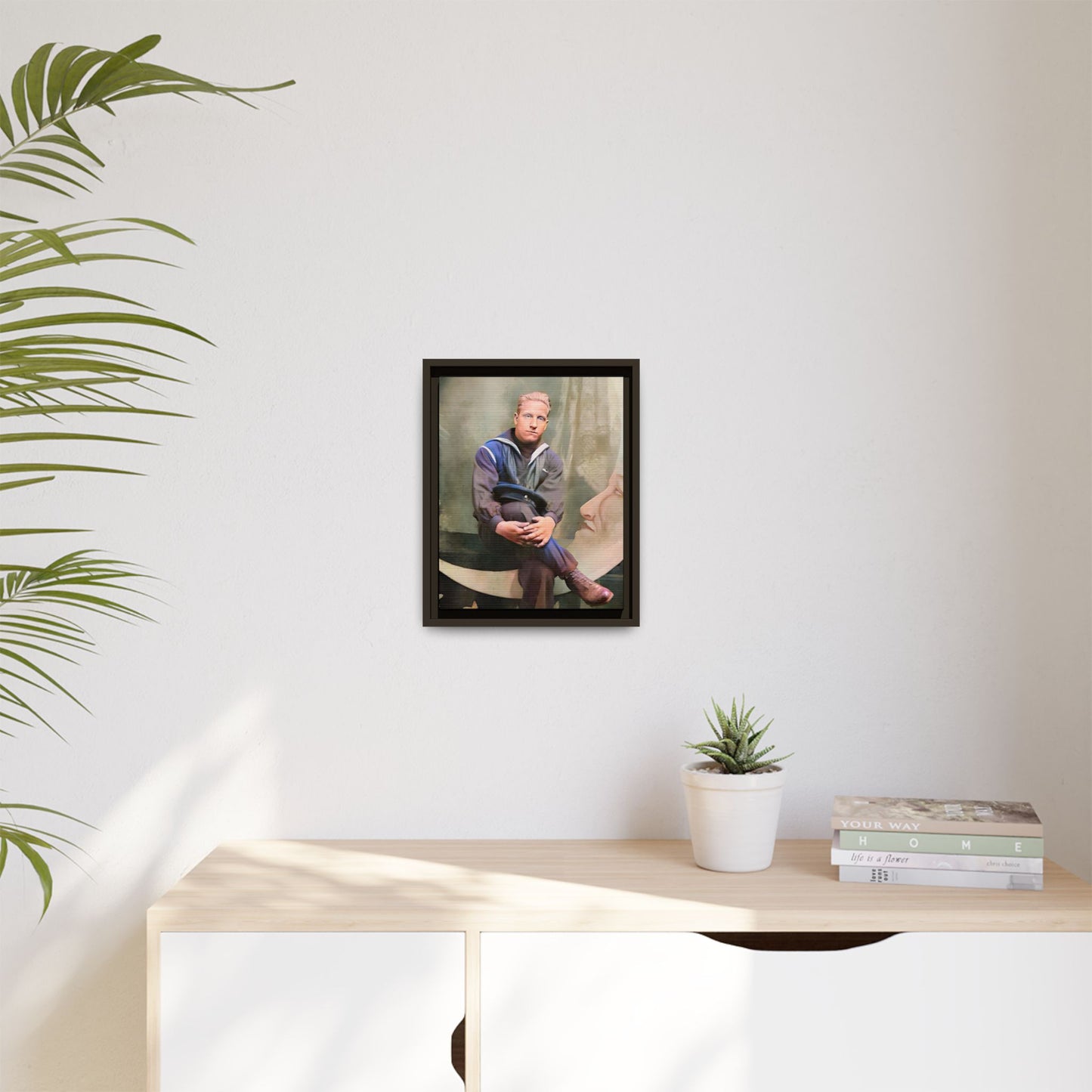 A vintage U.S. Navy sailor portrait featuring Jacob in uniform with a crescent moon backdrop. This framed matte canvas print is a timeless tribute to naval service, ideal for military history collectors, veterans, and nautical decor lovers. Art Deco Paper Moon Prop