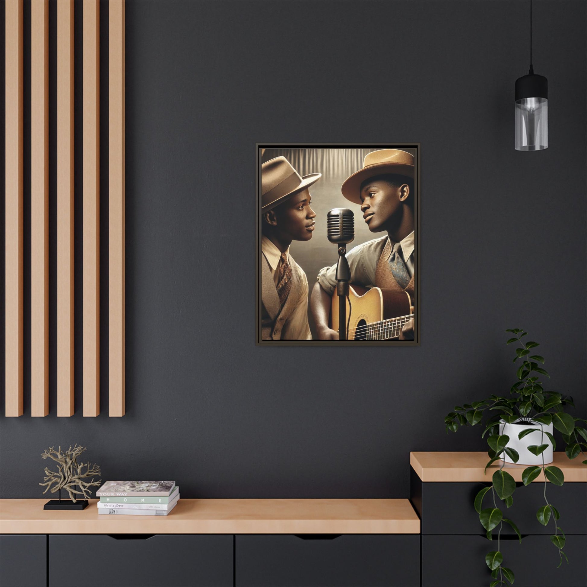 Artwork of an African-American gay couple recording a song in a 1930s-style studio. Dressed in vintage attire with fedoras and ties, they share a close, tender moment around a classic microphone, capturing love, music, and cultural heritage in a nostalgic setting