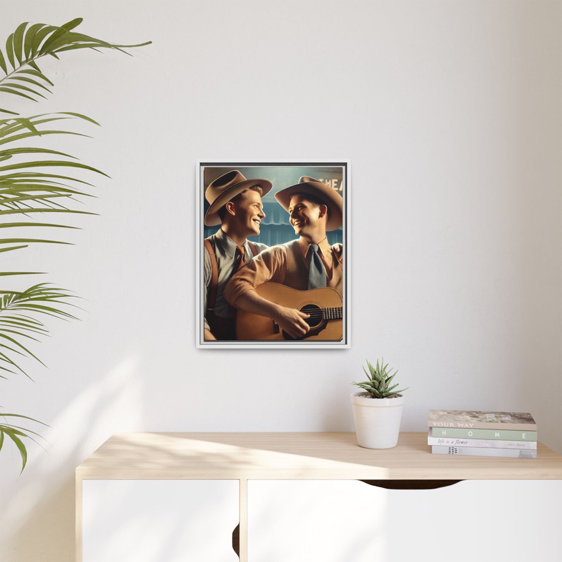 Artwork of a gay couple recording a country-western song in a 1930s-style studio. Dressed in classic Western attire with wide-brimmed hats and button-up shirts, the two men share an affectionate gaze, capturing love and unity in a nostalgic, vintage setting.
