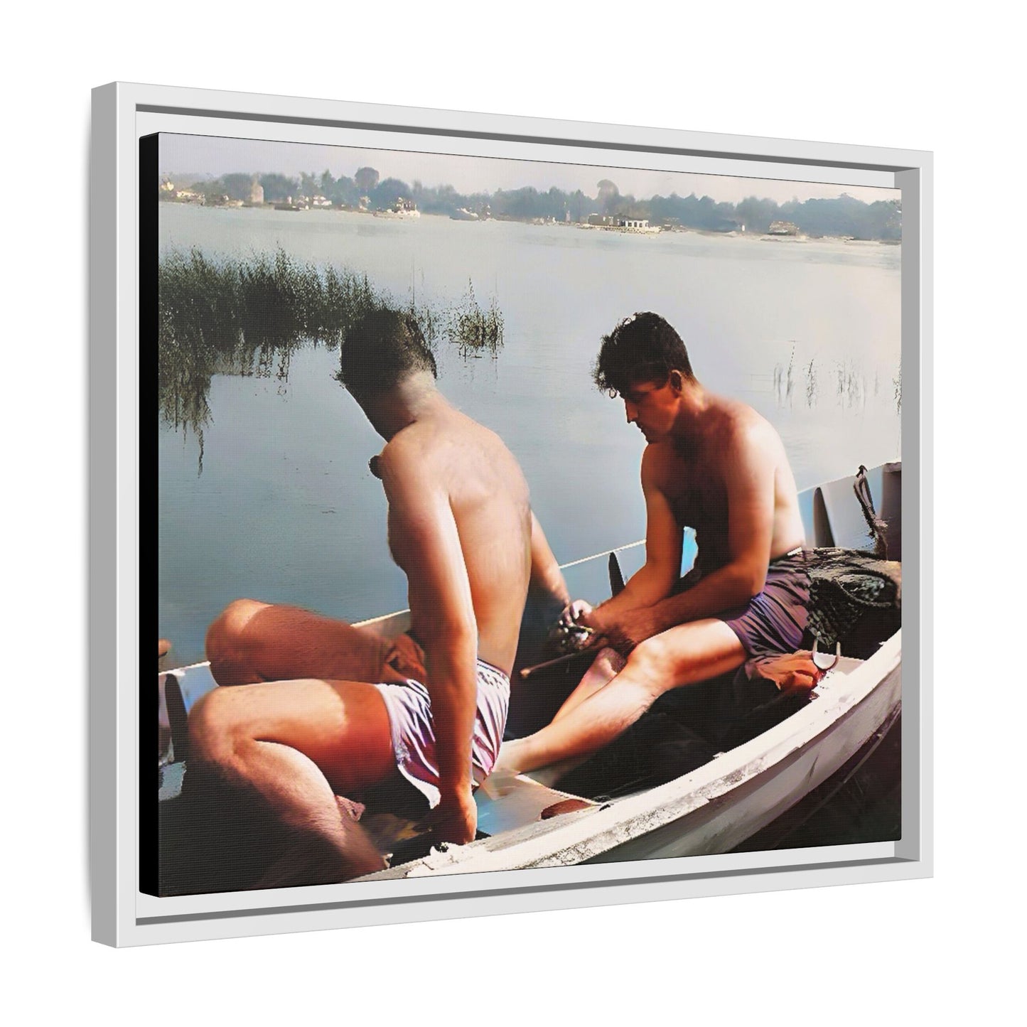 A restored vintage photo of Ned & Marty in a boat at Cape May, New Jersey. This framed matte canvas captures a serene LGBTQ+ love story, offering a nostalgic and timeless nautical scene perfect for collectors and history enthusiasts. Gay Couple