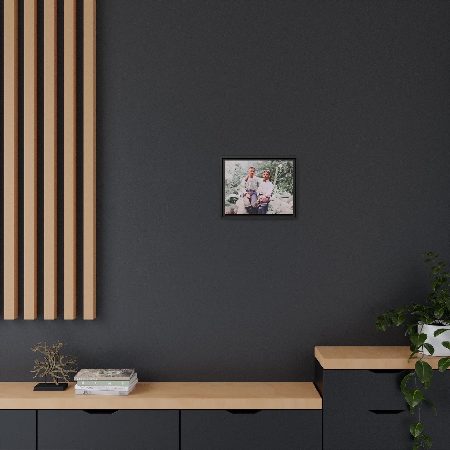 A framed vintage love portrait on matte canvas featuring Grover and Emil in Villamont, Virginia, capturing timeless LGBTQ+ connection and companionship. Gay Couple