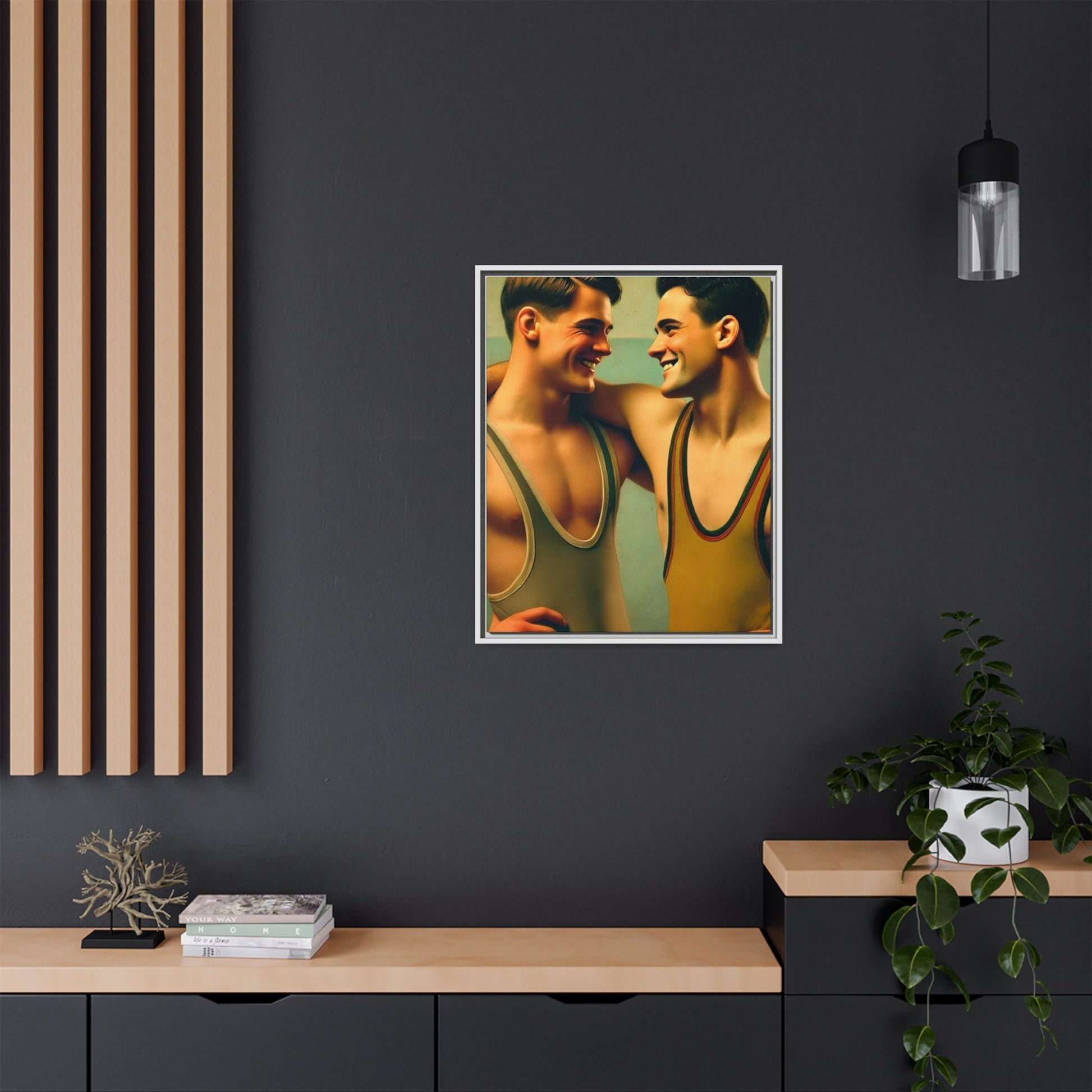 Framed artwork of two young wrestlers in vintage singlets sharing a candid moment, inspired by Grant Wood's Regionalist art style.
