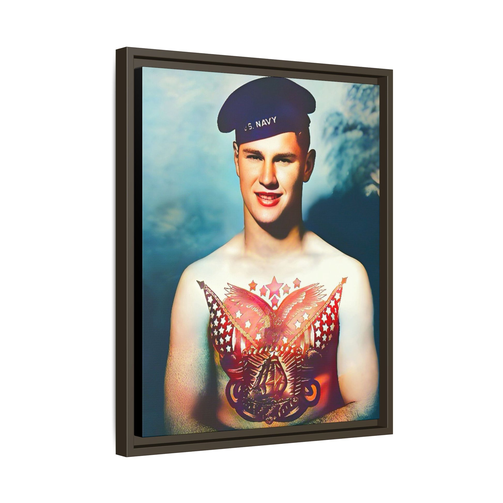 A striking vintage portrait of Charlie, a proud U.S. Navy sailor at Norfolk Navy Yard, showcasing a patriotic tattoo. This framed matte canvas print celebrates military history, individuality, and LGBTQ+ representation—perfect for collectors and history enthusiasts.