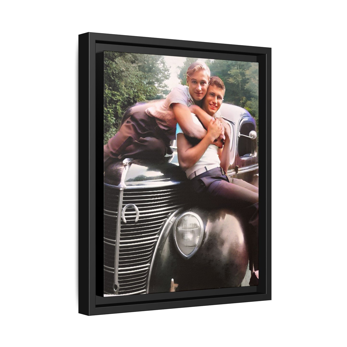 Vintage LGBTQ+ love portrait of Kent & Jamie in Watkins Glen, NY. A nostalgic moment on a classic car, now a museum-quality matte canvas print with handcrafted frame options. Perfect for collectors and those celebrating LGBTQ+ history. Gay Couple