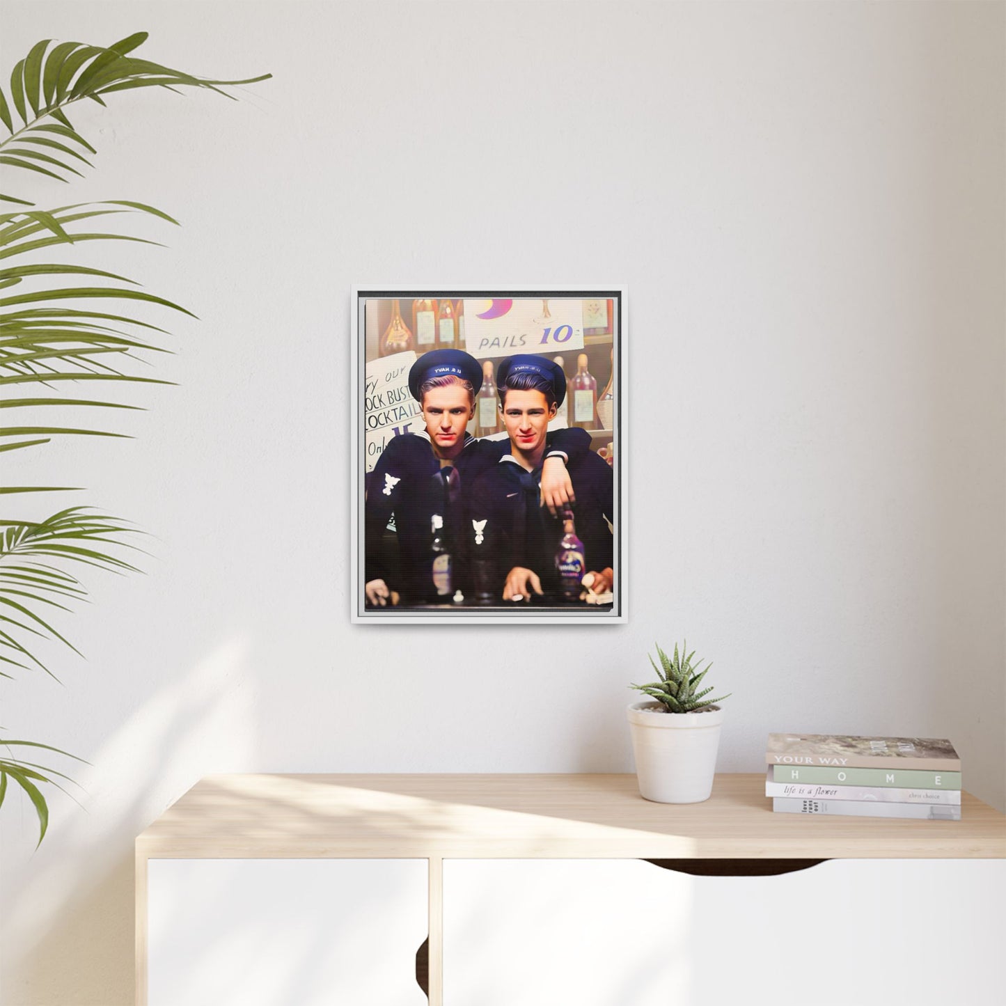 A restored vintage naval portrait of Leo & Vincent, two sailors at Norfolk Naval Station. This framed matte canvas captures LGBTQ+ history, camaraderie, and resilience in a timeless moment. Gay Couple