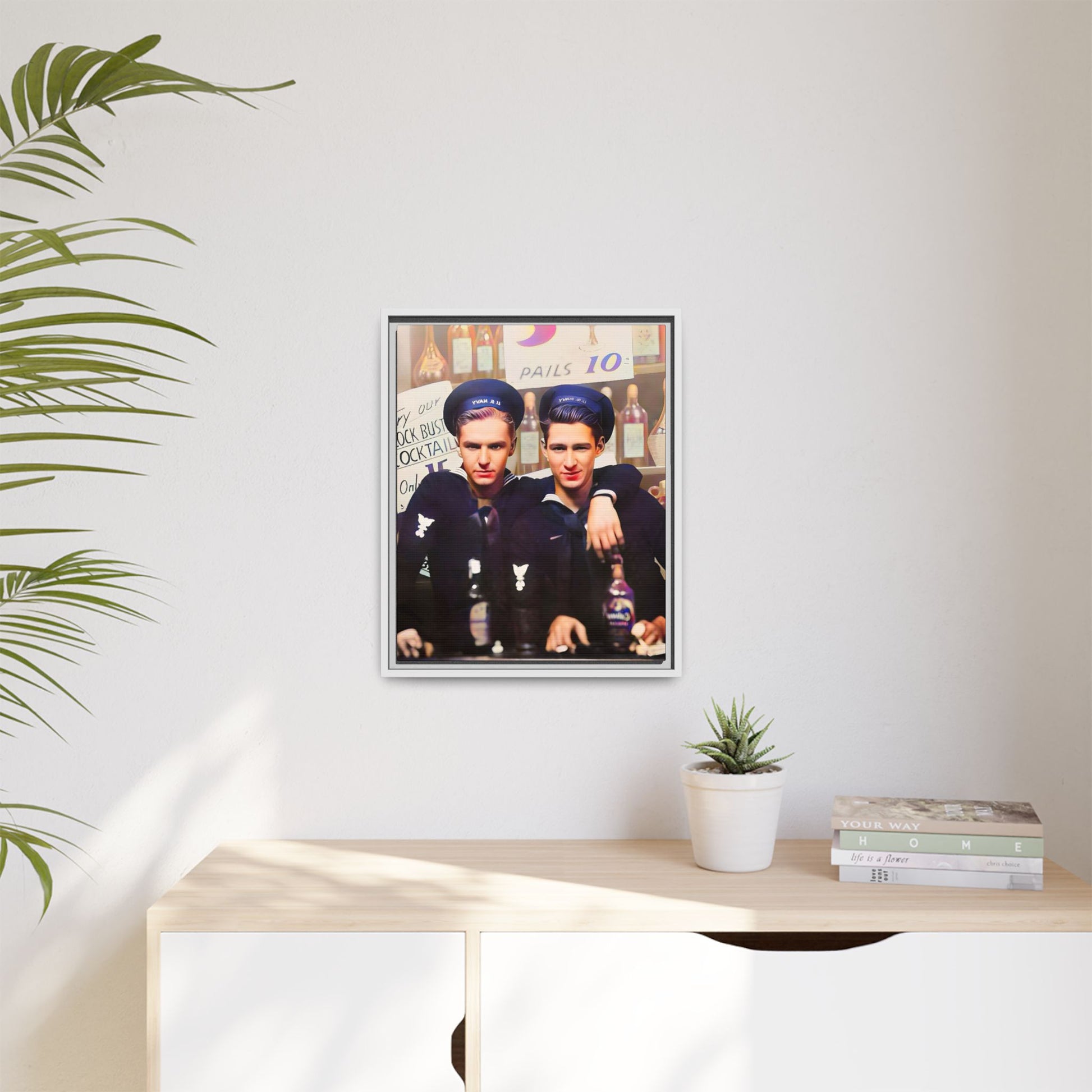 A restored vintage naval portrait of Leo & Vincent, two sailors at Norfolk Naval Station. This framed matte canvas captures LGBTQ+ history, camaraderie, and resilience in a timeless moment. Gay Couple