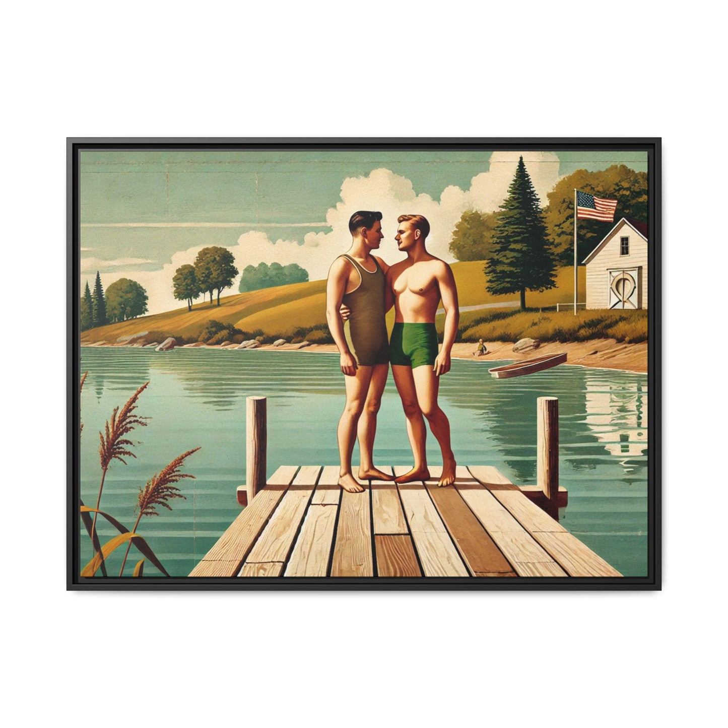 Framed artwork of a gay couple sharing a tender moment on a wooden dock by a peaceful lake, dressed in vintage swimwear. Set against rolling hills and a lakeside cabin, this nostalgic scene honors LGBTQ+ love in a serene Midwestern summer setting.