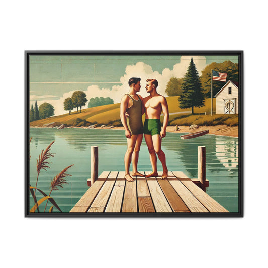 Framed artwork of a gay couple sharing a tender moment on a wooden dock by a peaceful lake, dressed in vintage swimwear. Set against rolling hills and a lakeside cabin, this nostalgic scene honors LGBTQ+ love in a serene Midwestern summer setting.