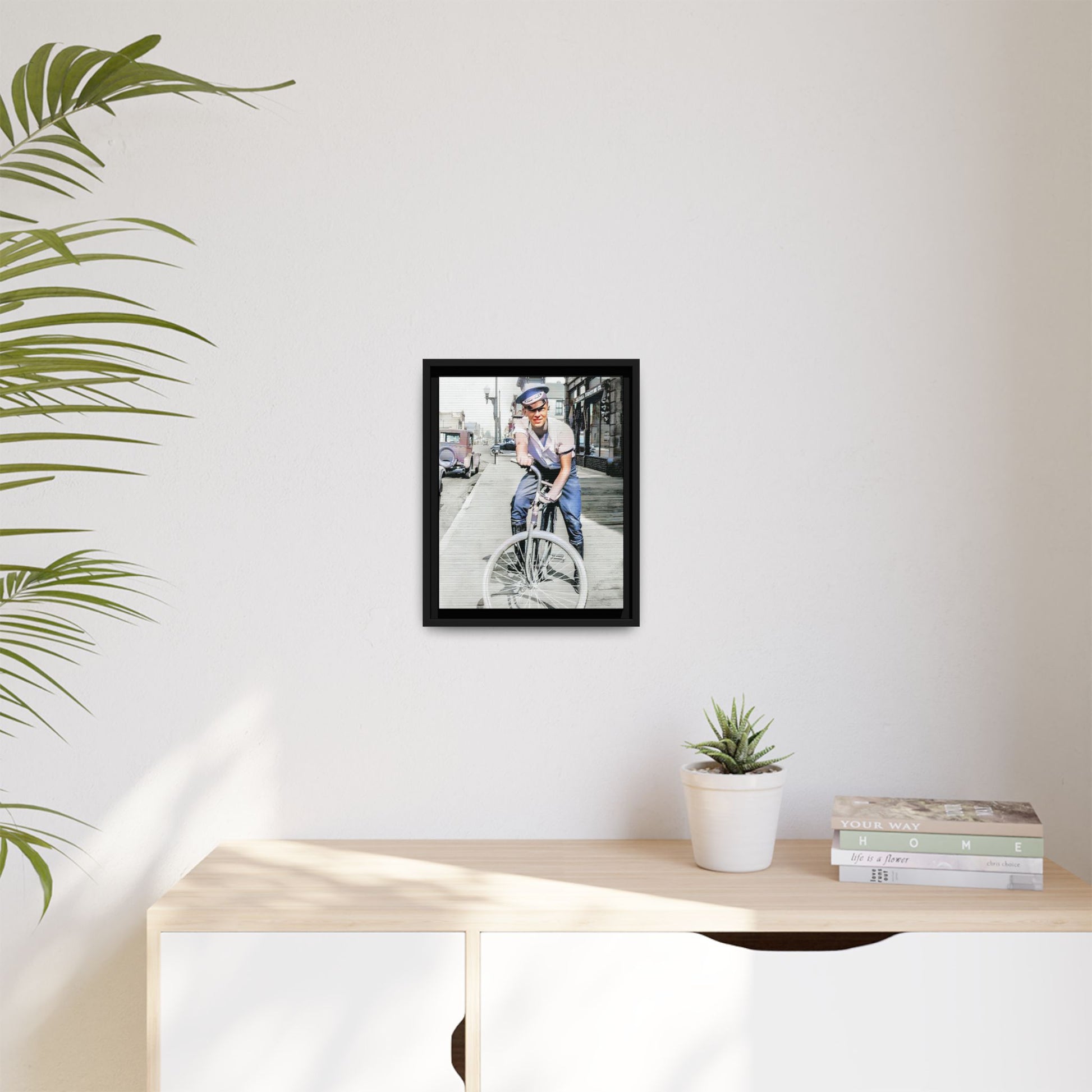 A framed vintage portrait on matte canvas featuring Cecil in Elk City, Oklahoma, capturing the spirit of 1930s small-town Americana. Classic Bicycle Photo