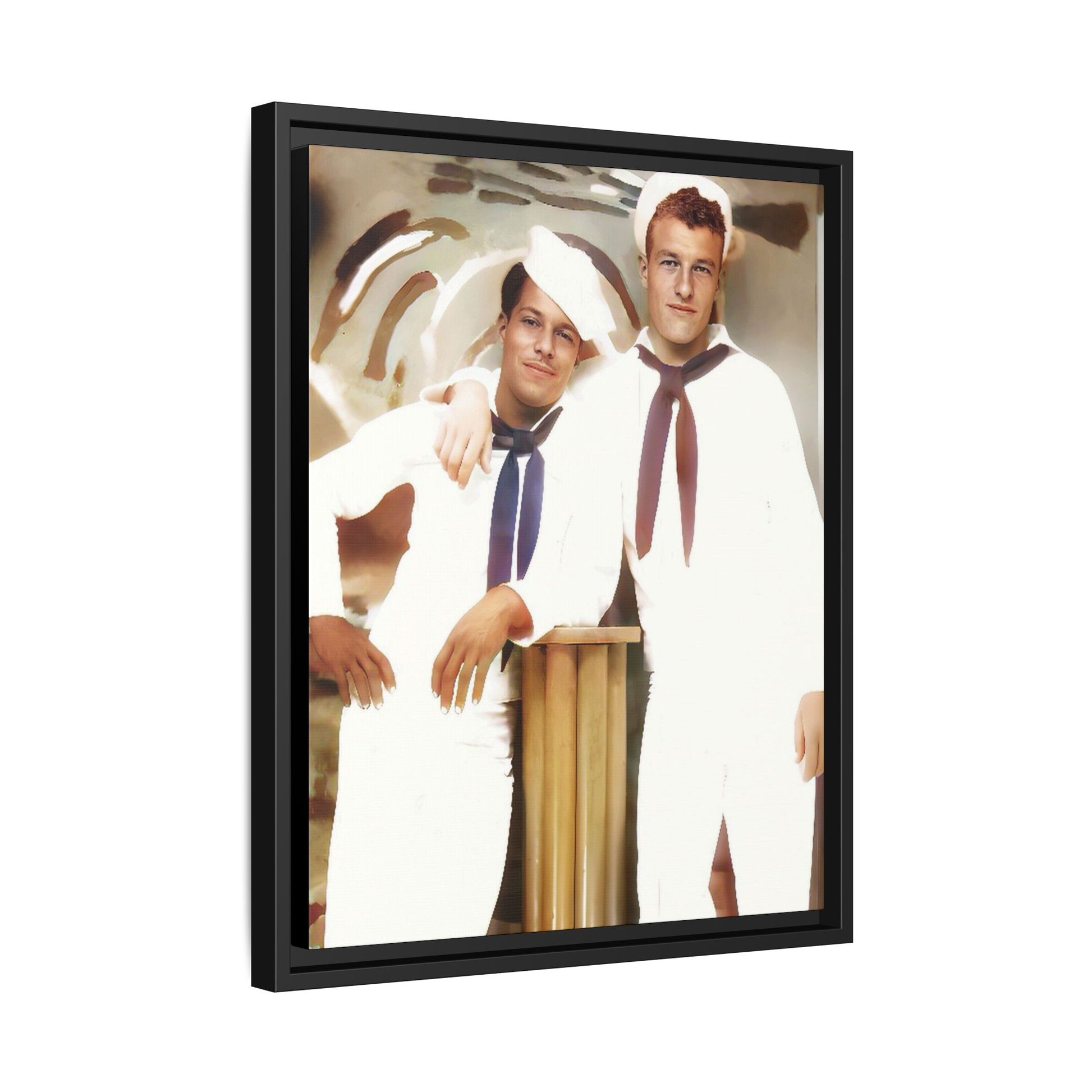 Vintage portrait of Leo & Russel aboard the USS South Dakota. Dressed in crisp naval whites, this LGBTQ+ military art print honors love, service, and history. A perfect addition for collectors, history lovers, and those who cherish authentic connections. African American Gay Juneteenth Black History Month Love Couple