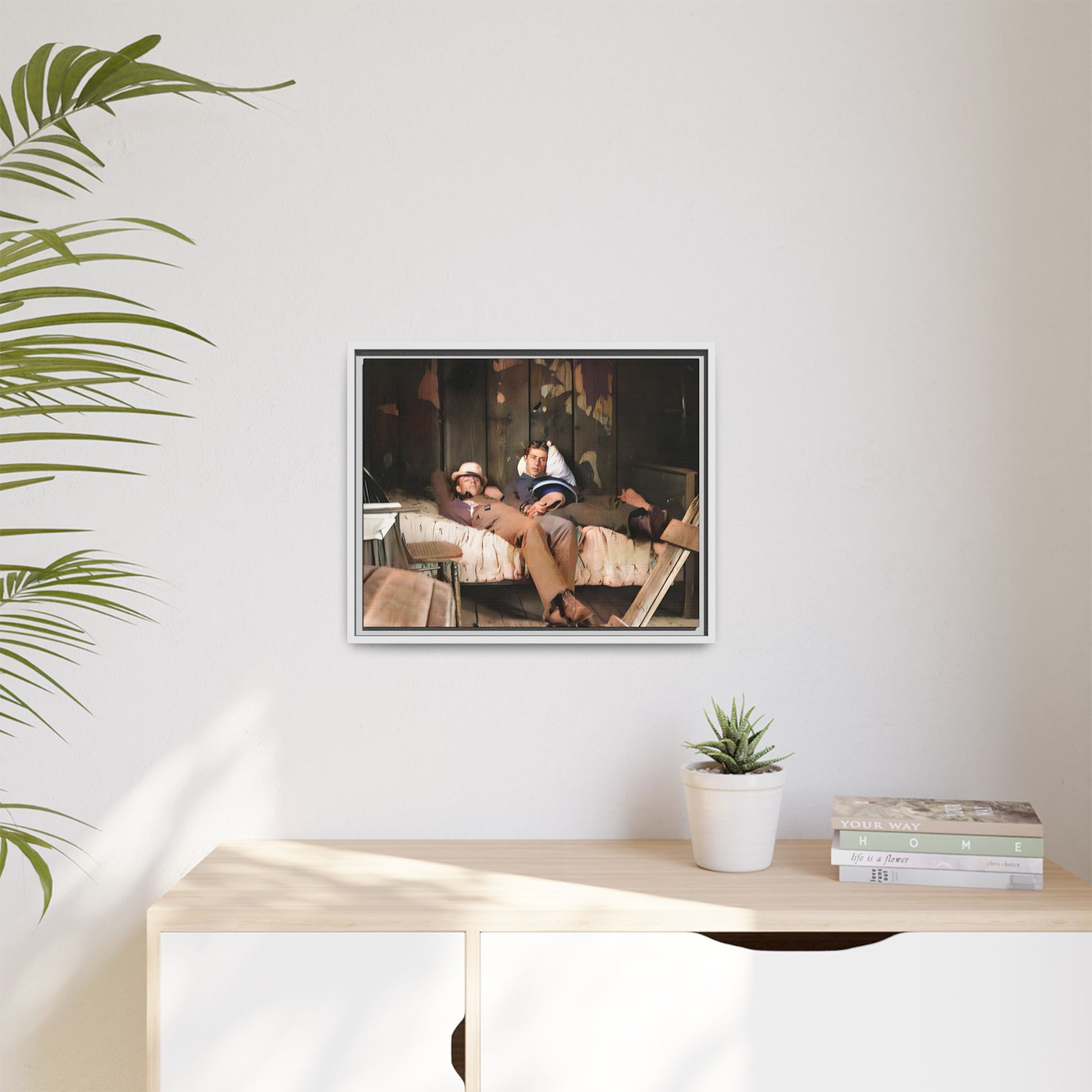 A vintage portrait of Henry & Joseph in a rustic Oregon cabin. This framed matte canvas captures LGBTQ+ history, love, and the beauty of a quiet, intimate moment, making it a timeless and meaningful addition to any collection or home. Gay Couple in bed.