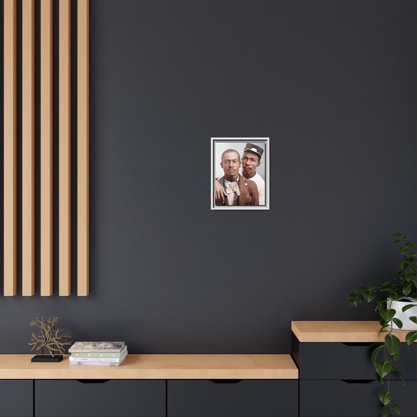 A restored vintage portrait of Willie & Louis at Metro-North Railroad in Harlem, New York. This framed matte canvas celebrates LGBTQ+ history, African American heritage, and timeless love. Gay Couple