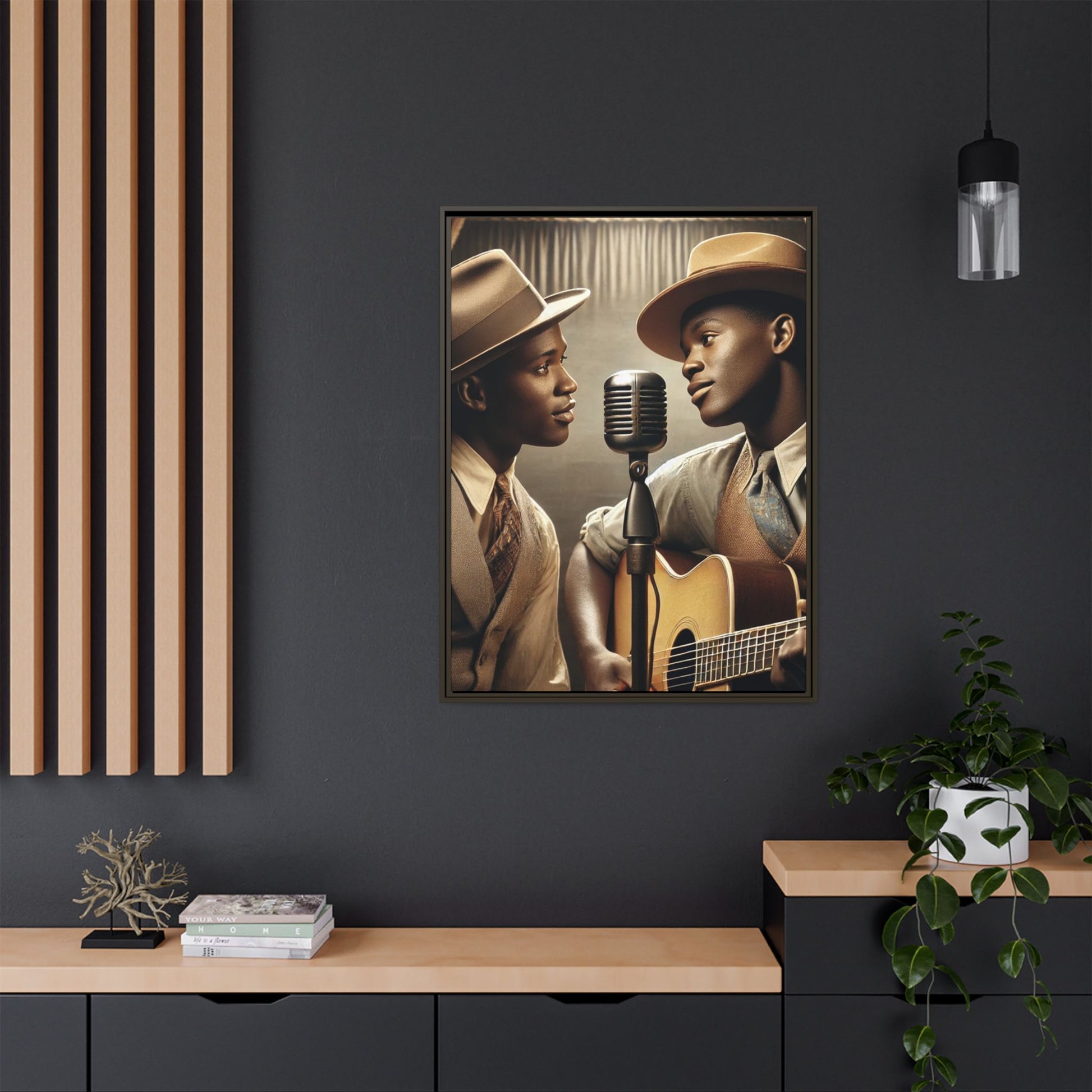 Artwork of an African-American gay couple recording a song in a 1930s-style studio. Dressed in vintage attire with fedoras and ties, they share a close, tender moment around a classic microphone, capturing love, music, and cultural heritage in a nostalgic setting