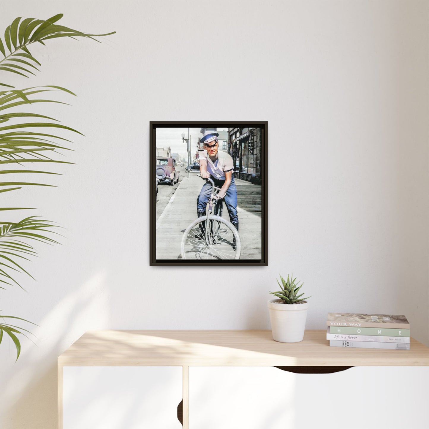 A framed vintage portrait on matte canvas featuring Cecil in Elk City, Oklahoma, capturing the spirit of 1930s small-town Americana. Classic Bicycle Photo