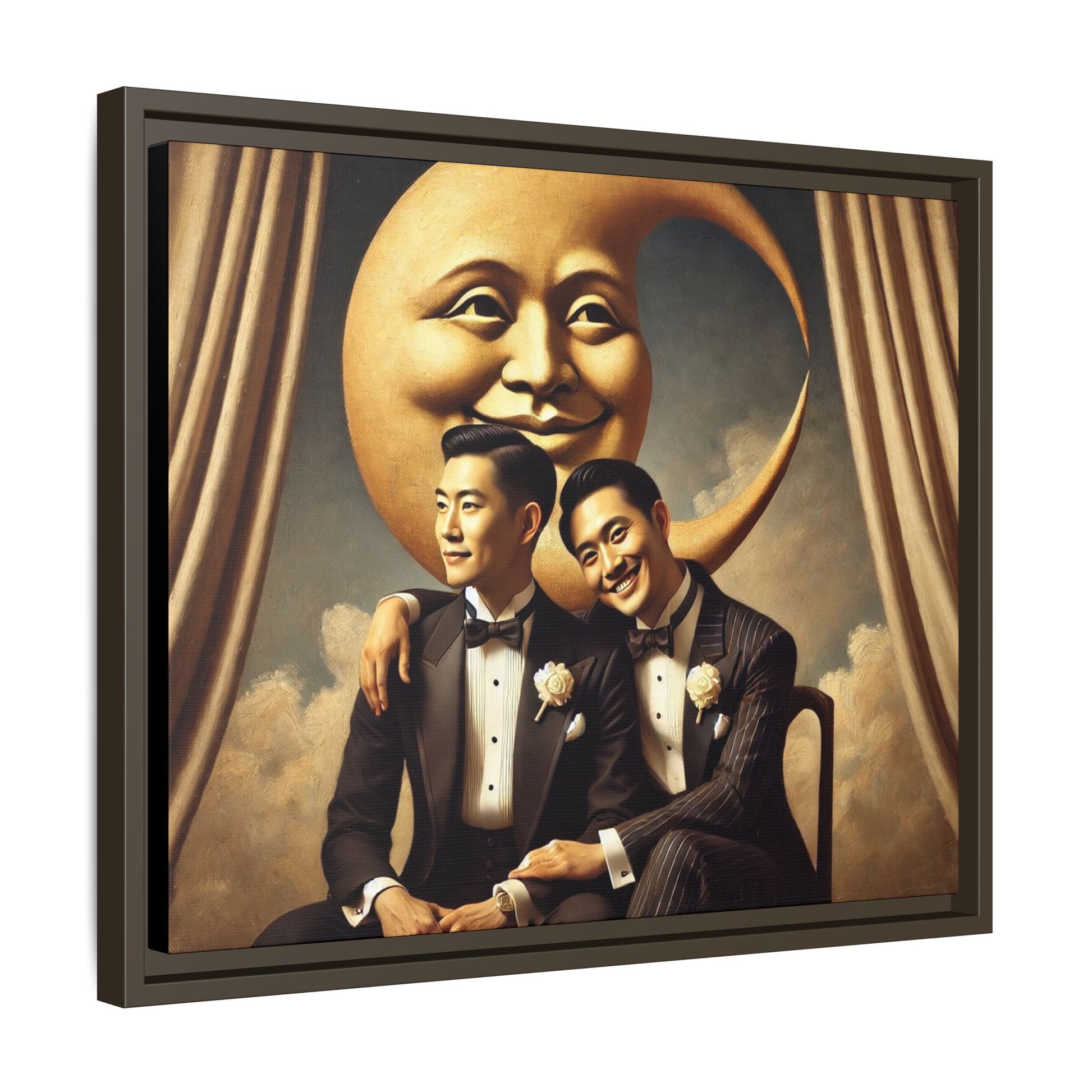Vintage-inspired artwork of a romantic gay Asian couple in tuxedos sitting affectionately beneath a smiling crescent moon prop, surrounded by vintage stage curtains and dreamy clouds. A reclaimed queer narrative from the Man In The Moon series.