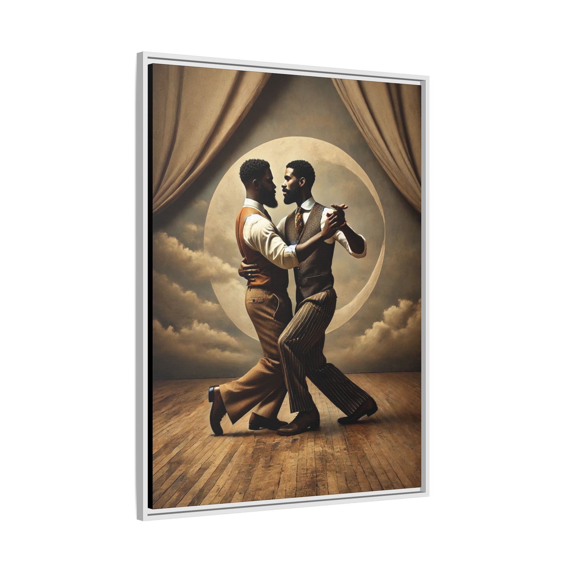 Original artwork of two Black men ballroom dancing in vintage 1920s suits under a glowing moon backdrop. A romantic and powerful tribute to queer love and Black history that reclaims moments lost to systemic bias and cultural erasure.