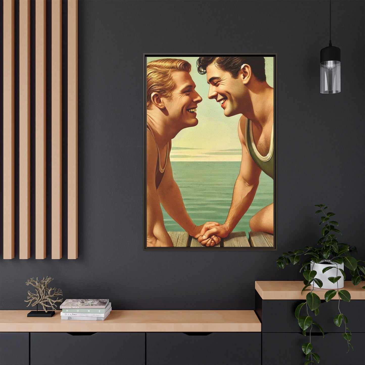 Vintage-style artwork of a joyful 1930s moment between a gay couple by the lake, dressed in classic swimwear and sharing warm smiles. Set on a serene wooden dock, this piece captures love, companionship, and LGBTQ+ history in an idyllic, nostalgic summer setting.
