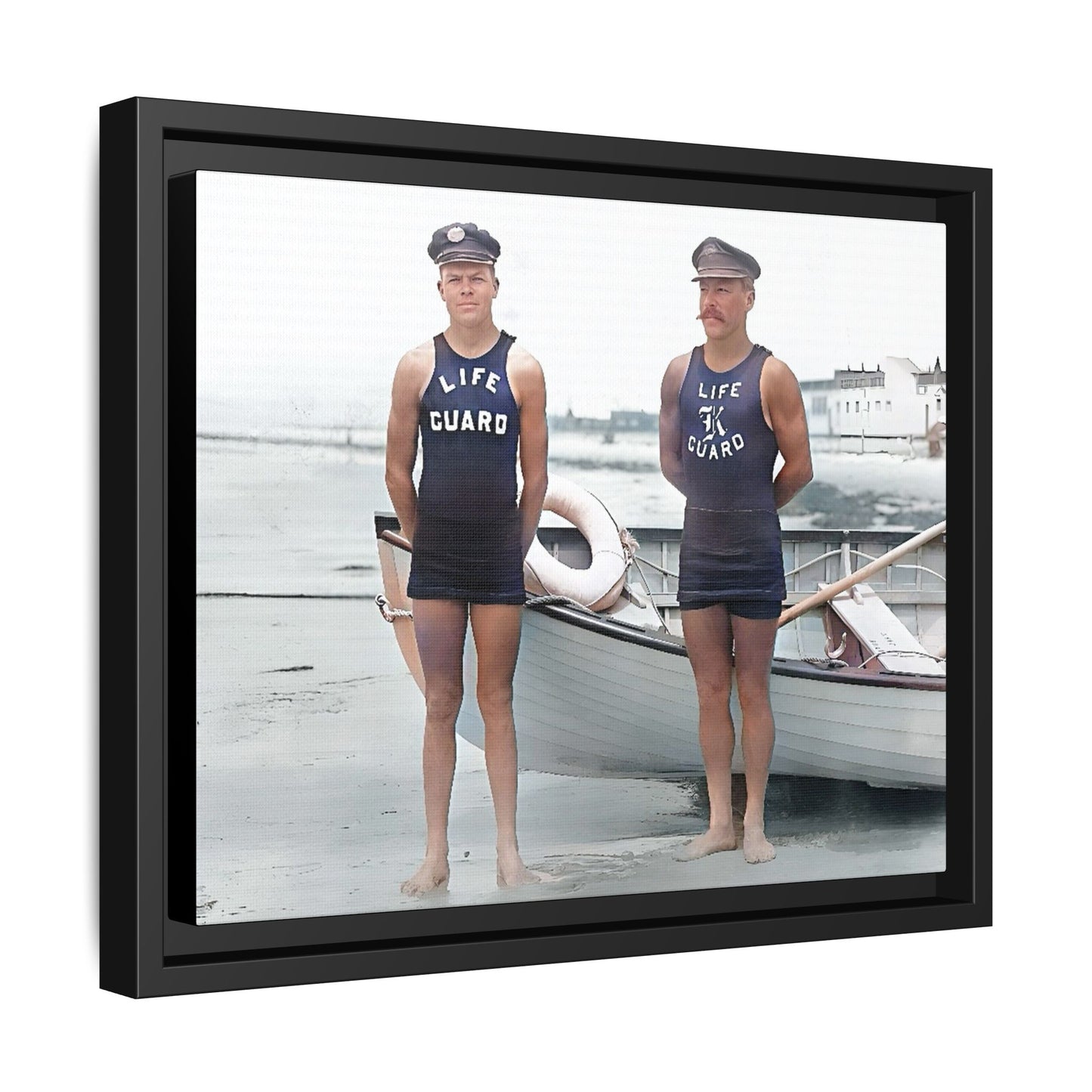 A nostalgic framed canvas print of vintage lifeguards in Cape May, NJ. This coastal artwork captures the charm of early 20th-century beach life, making it perfect for lovers of maritime history, seaside decor, and Americana enthusiasts.
