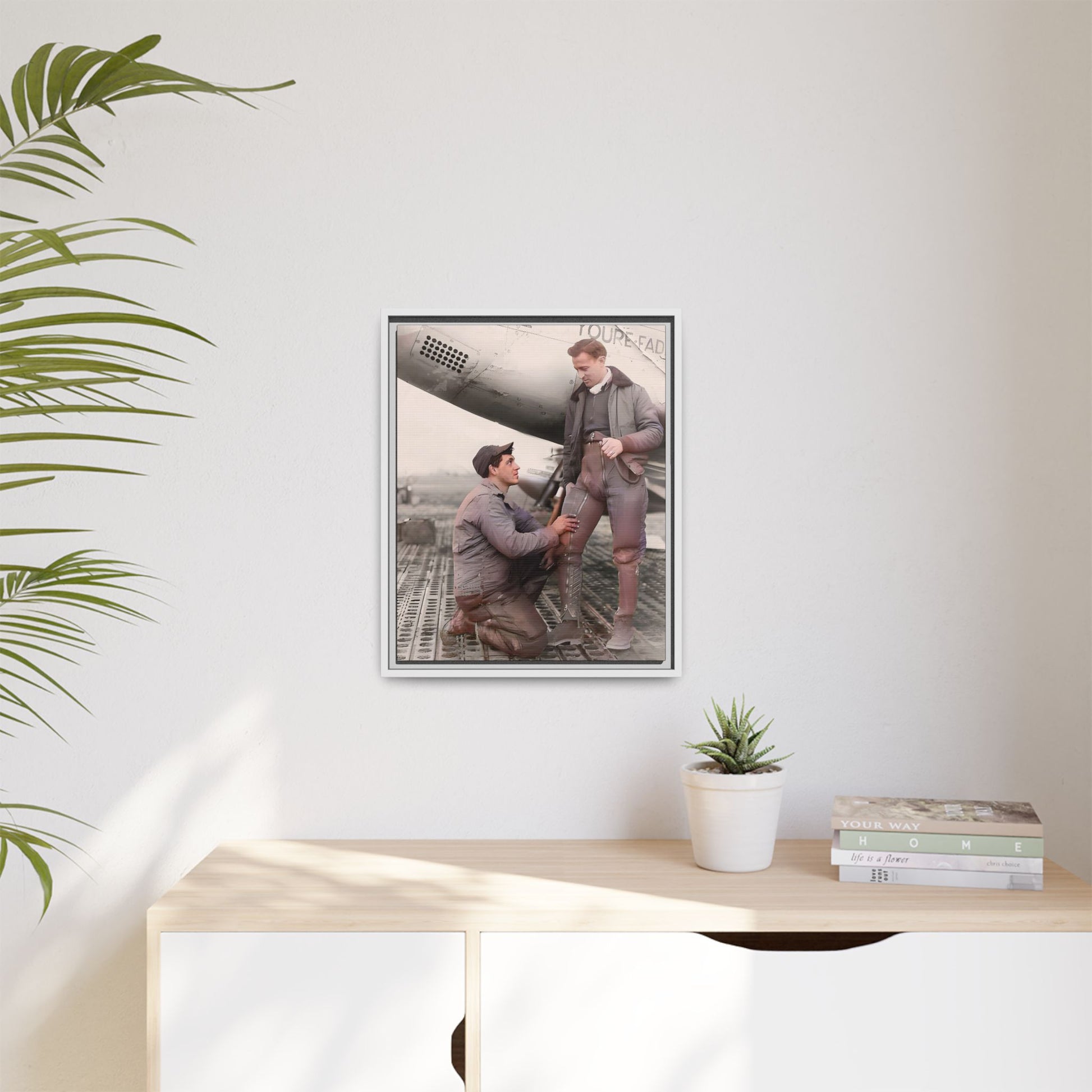 Vintage portrait of Frank & Albert aboard the USS Hornet. A framed matte canvas honoring LGBTQ+ military history, resilience, and partnership. Perfect for collectors of historic navy art and lovers of timeless connections.