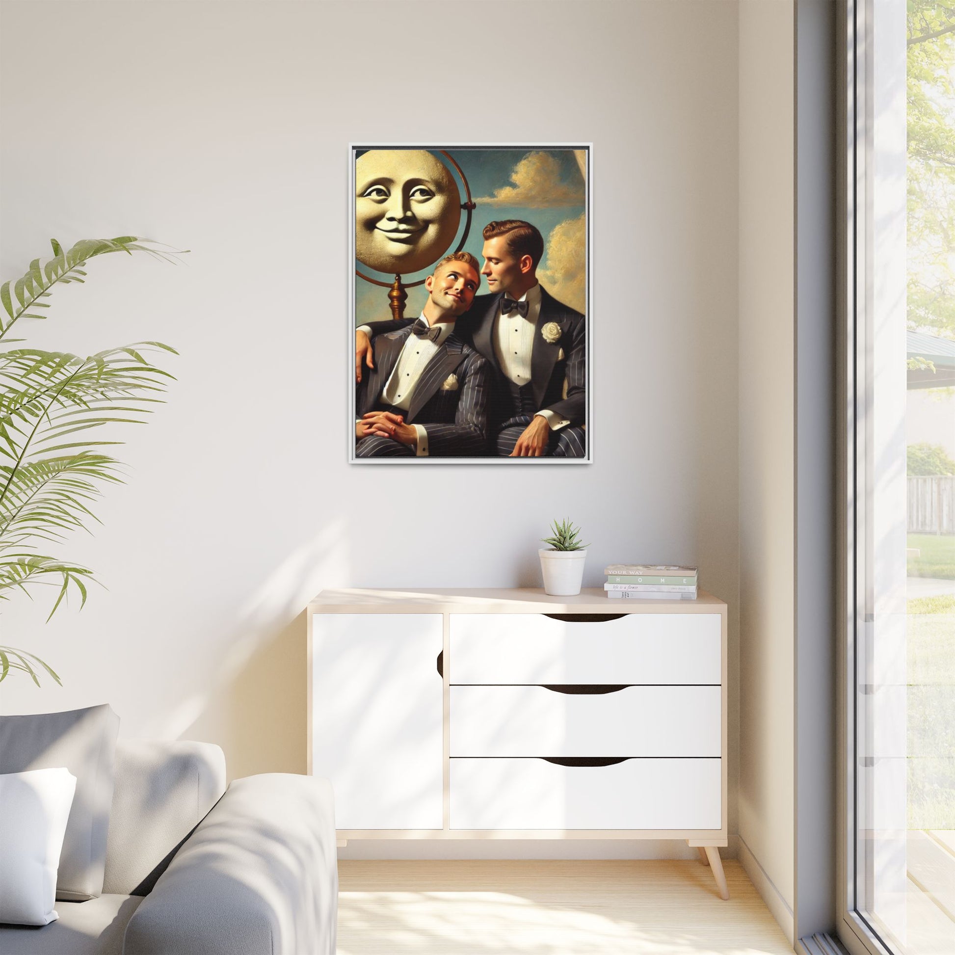 Framed matte canvas portrait featuring two young men in vintage overalls with a crescent moon prop above them. This artwork from the Missing Art Studies series reclaims LGBTQ+ imagery that may have been lost to bias, presenting warmth, intimacy, and presence.