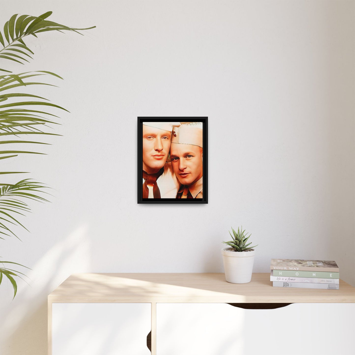 Vintage Gay photo booth portrait of Glenn & Sidney in Nantucket, MA. A heartwarming tribute to queer history, captured in a candid embrace. Available as a matte canvas print, perfect for celebrating love, identity, and nostalgia. Military Portrait