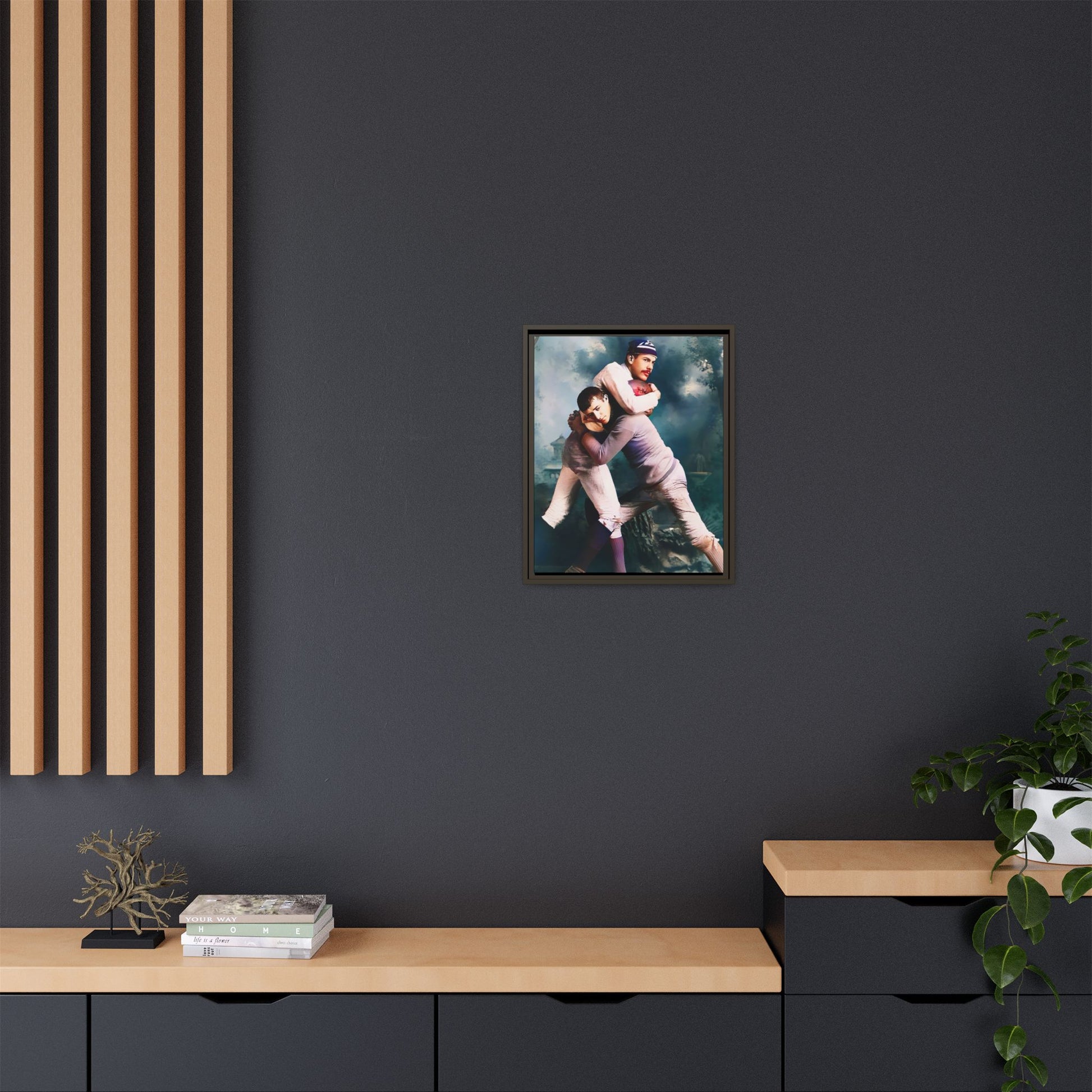 A framed vintage sports portrait on matte canvas featuring Theodore and Patrick in Chapel Hill, North Carolina, capturing timeless strength, camaraderie, and connection.