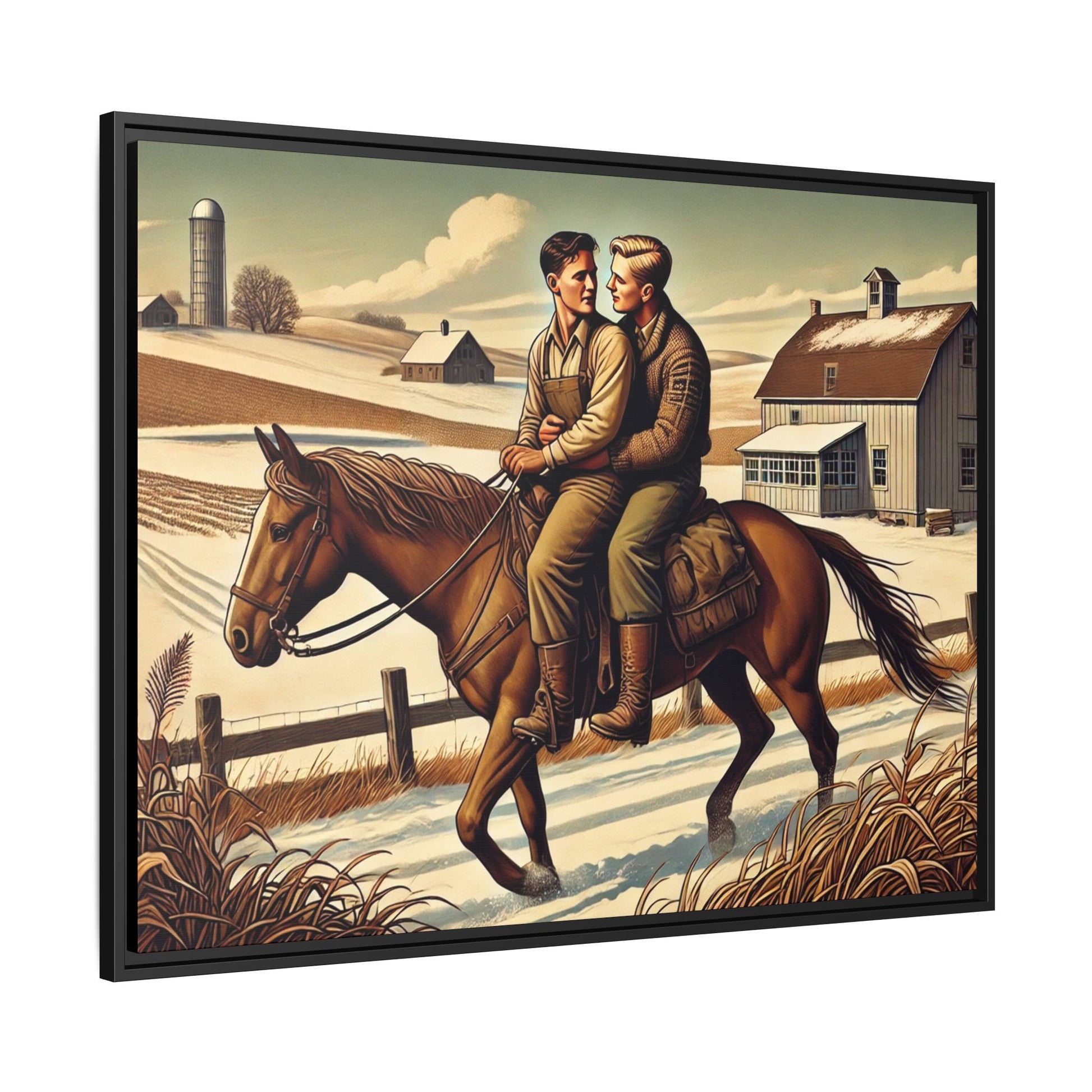 Artwork of a gay couple sharing a tender moment while seated together on a single horse in a snowy, rural Midwestern landscape. Dressed in early 20th-century attire, the men gaze at each other warmly, capturing love, resilience, and companionship in a serene 1930s-inspired American scene