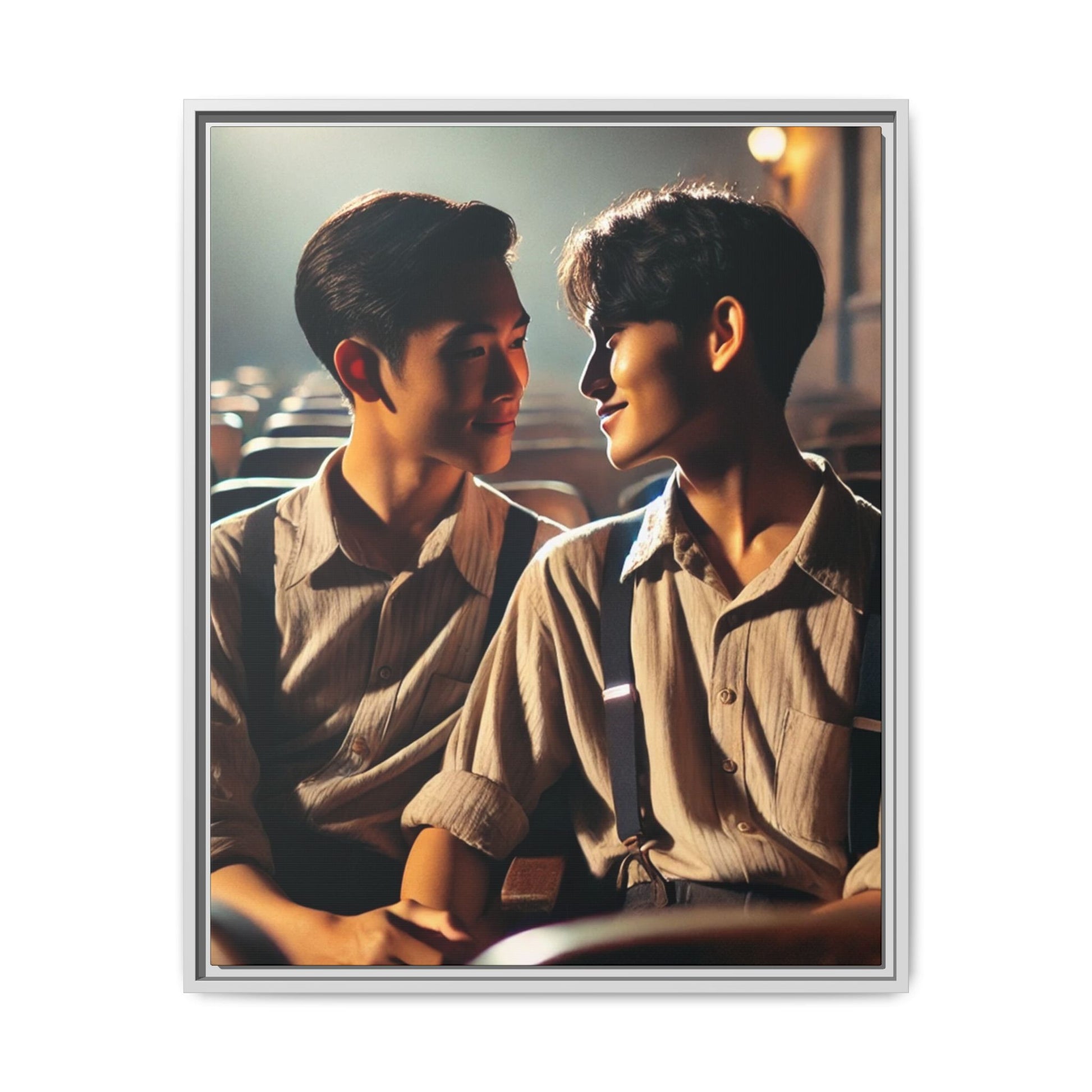 In the hush of a dimly lit Korean cinema, two young men sit hand-in-hand—sharing a gaze filled with tenderness, defiance, and quiet joy. Dressed in mid-century attire with soft linen shirts and suspenders, they embody a moment of connection that feels both intimate and revolutionary. This restored and colorized vintage portrait, believed to be from 1947 Korea, is a poignant reminder that queer love has always existed—even in places and times where it dared not speak its name.