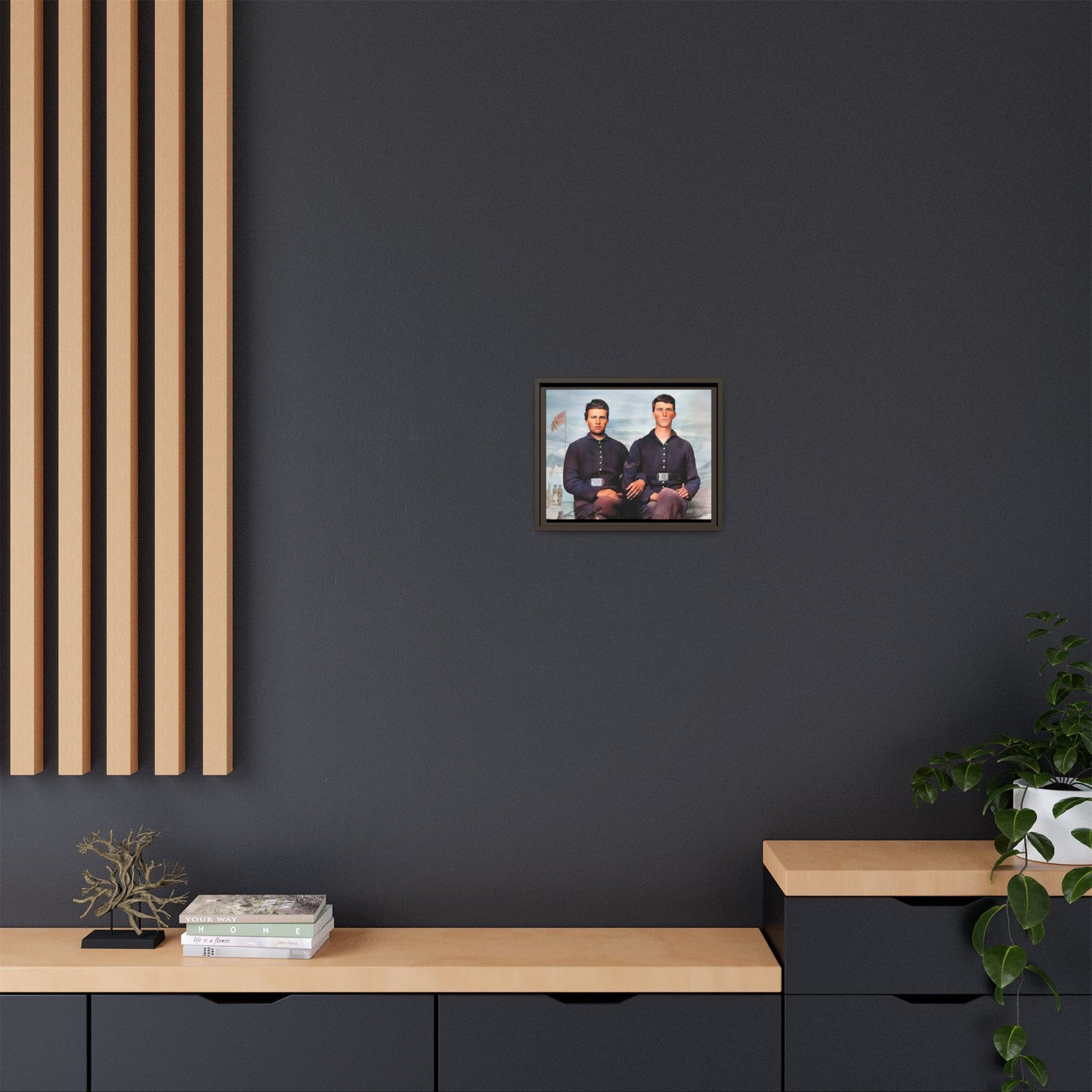 A framed vintage Civil War photo on matte canvas featuring two Union soldiers at Camp Curtin, honoring military history. Gay Couple