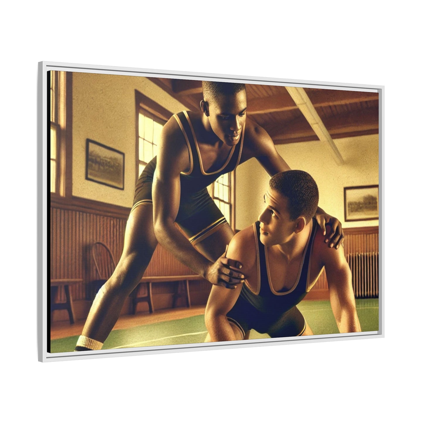 Framed canvas artwork inspired by Grant Wood featuring African-American and European-American wrestlers in a vintage gymnasium. A tribute to unity, diversity, and regionalist art.