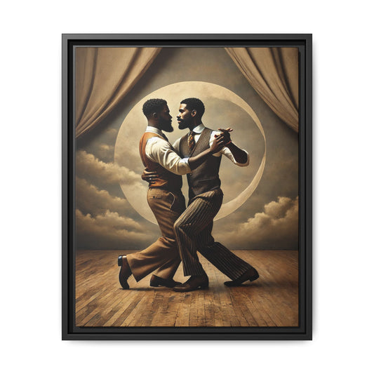 Original artwork of two Black men ballroom dancing in vintage 1920s suits under a glowing moon backdrop. A romantic and powerful tribute to queer love and Black history that reclaims moments lost to systemic bias and cultural erasure.