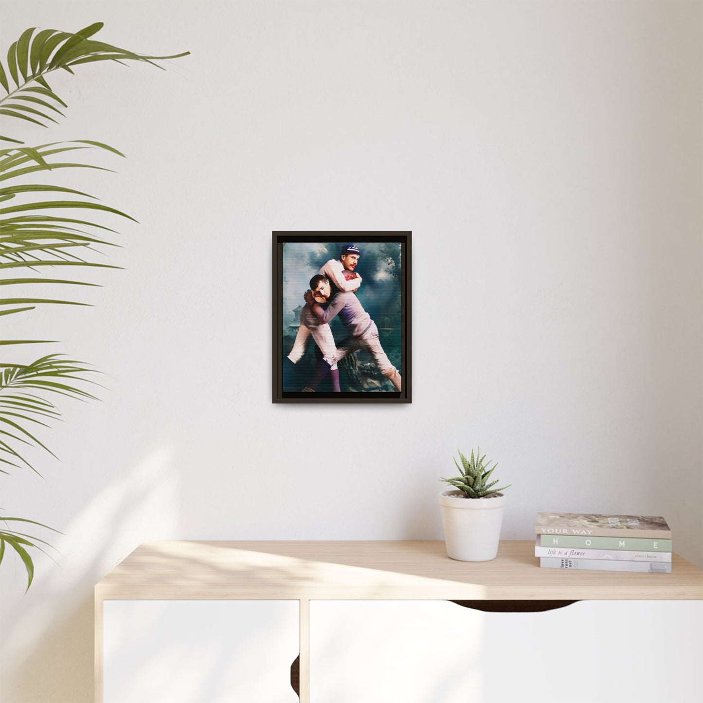 A framed vintage sports portrait on matte canvas featuring Theodore and Patrick in Chapel Hill, North Carolina, capturing timeless strength, camaraderie, and connection.
