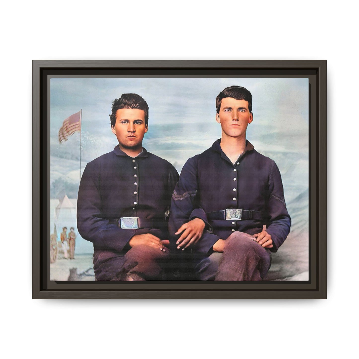 A framed vintage Civil War photo on matte canvas featuring two Union soldiers at Camp Curtin, honoring military history. Gay Couple